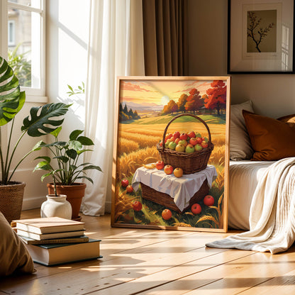 Digital wall art of a basket filled with apples in a golden wheat field at sunset, surrounded by scattered apples and autumn trees in the background