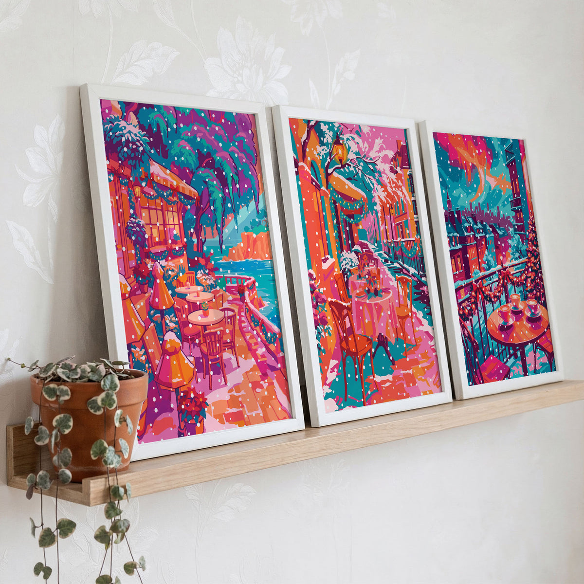 Rooftop balcony print with coffee cups, garland, and a snow-dusted city skyline at dusk