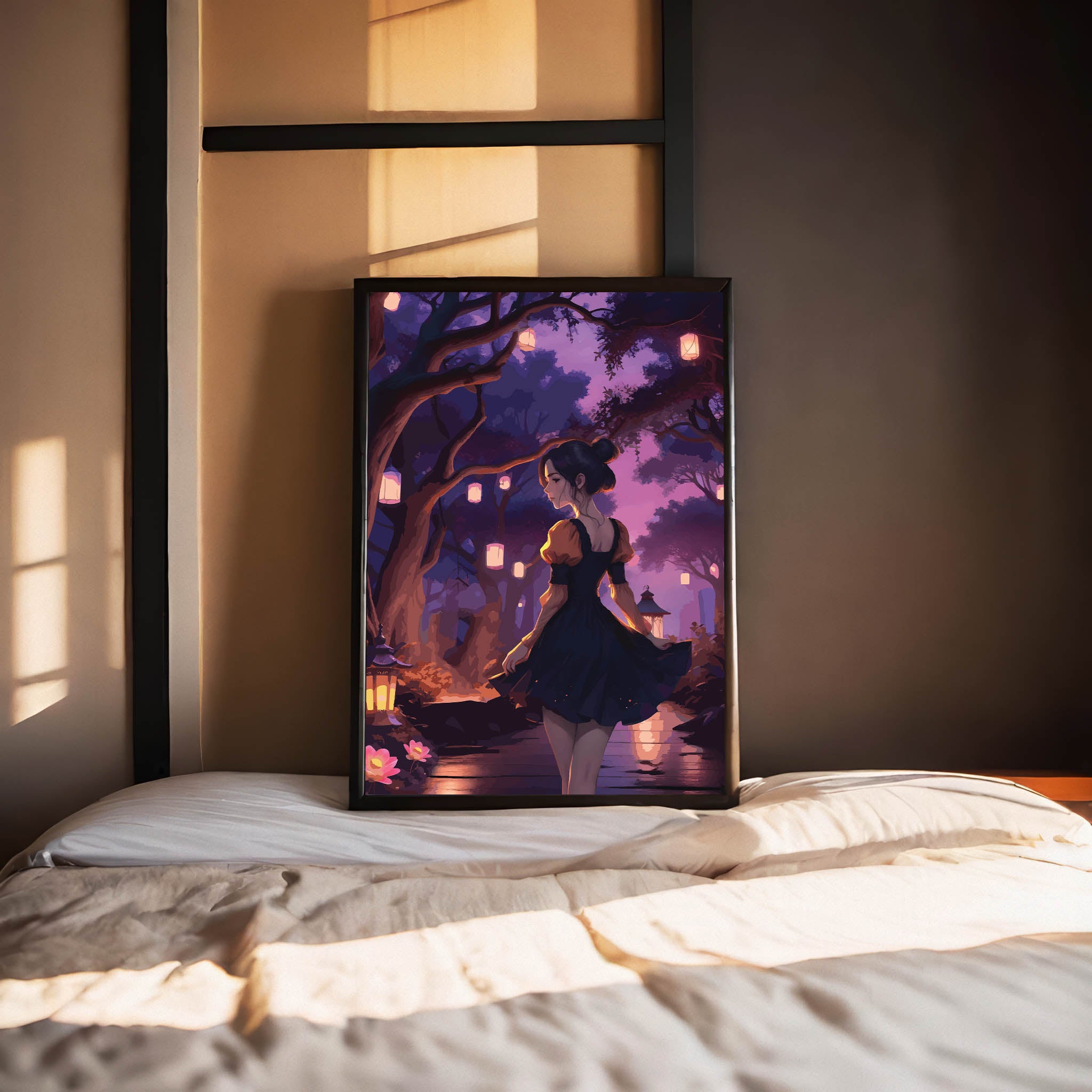 Enchanting digital artwork of a woman in a black dress walking through a magical lantern-lit forest at twilight - dreamy printable wall art perfect for whimsical or fantasy-themed decor