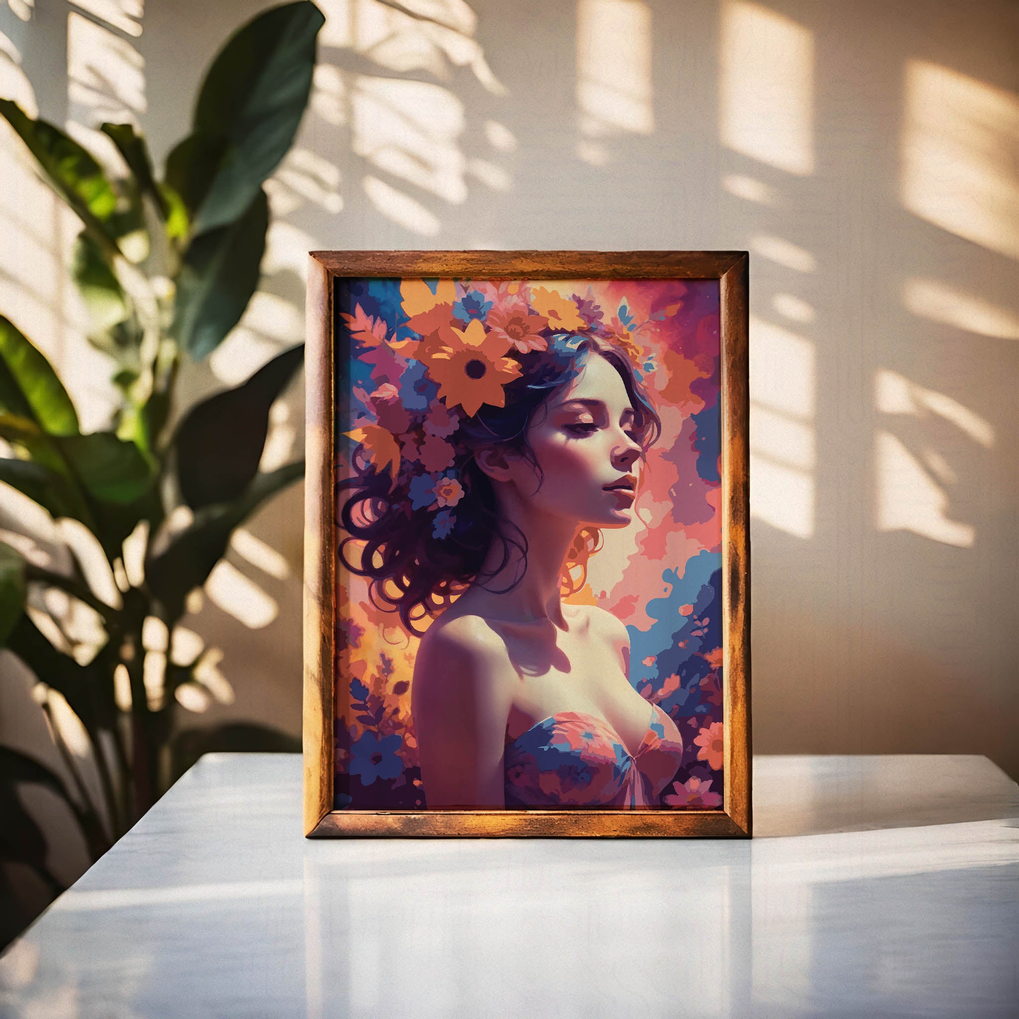Whimsical digital portrait of a serene woman with flowing hair adorned in vibrant flowers, set against a dreamy, colorful background, enchanting printable wall art for bohemian and artistic interiors.