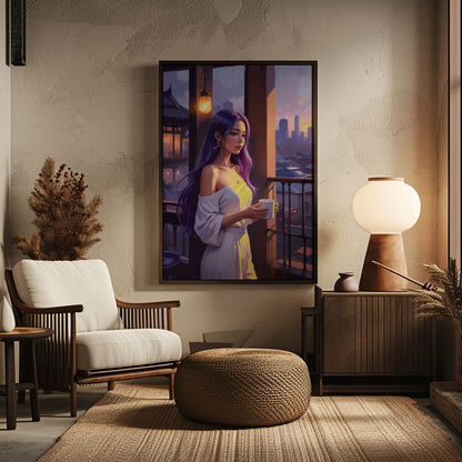 Dreamy illustration of a woman with long purple hair standing on a balcony at sunset, holding a cup of coffee. She wears an off-shoulder white outfit as warm golden light casts soft highlights on her face and clothes. The city skyline glows in the distance, creating a calm and reflective evening atmosphere.