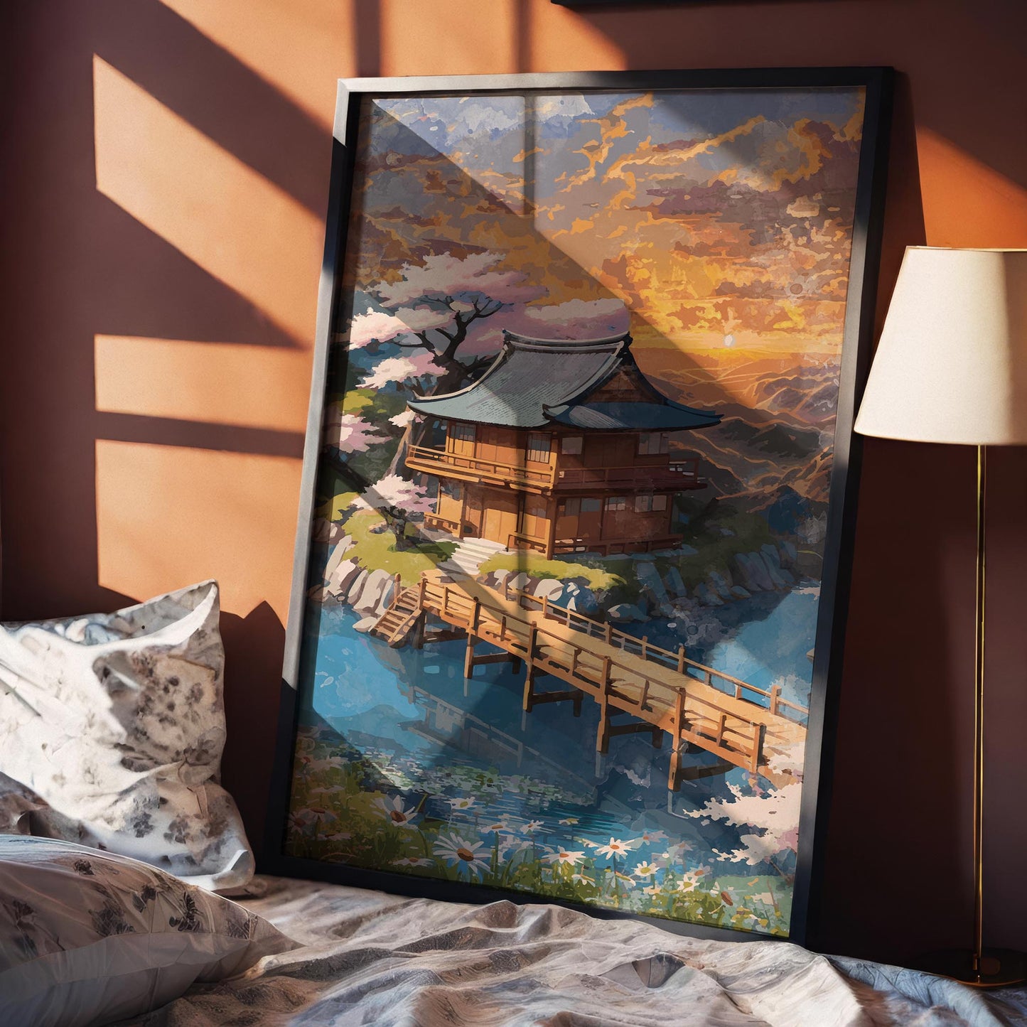 Serene fantasy landscape illustration of a traditional Japanese-style wooden house beside a calm river, connected by a wooden bridge. Surrounded by cherry blossom trees, wildflowers, and lush greenery under a glowing golden sunset sky, the scene evokes tranquility, harmony, and dreamy storybook charm. Printable Wall Art. Digital Download.