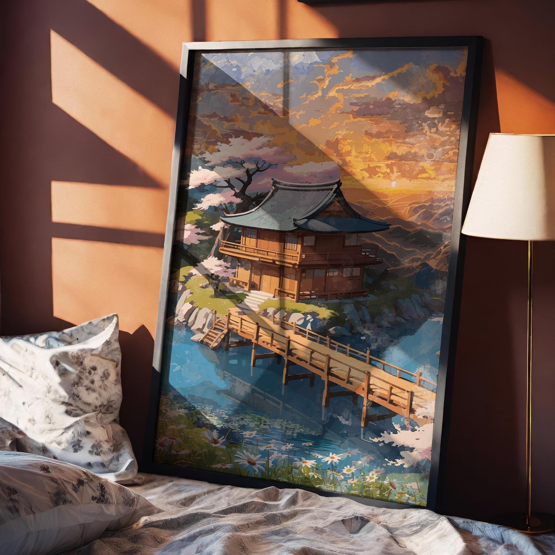 Serene fantasy landscape illustration of a traditional Japanese-style wooden house beside a calm river, connected by a wooden bridge. Surrounded by cherry blossom trees, wildflowers, and lush greenery under a glowing golden sunset sky, the scene evokes tranquility, harmony, and dreamy storybook charm. Printable Wall Art. Digital Download.