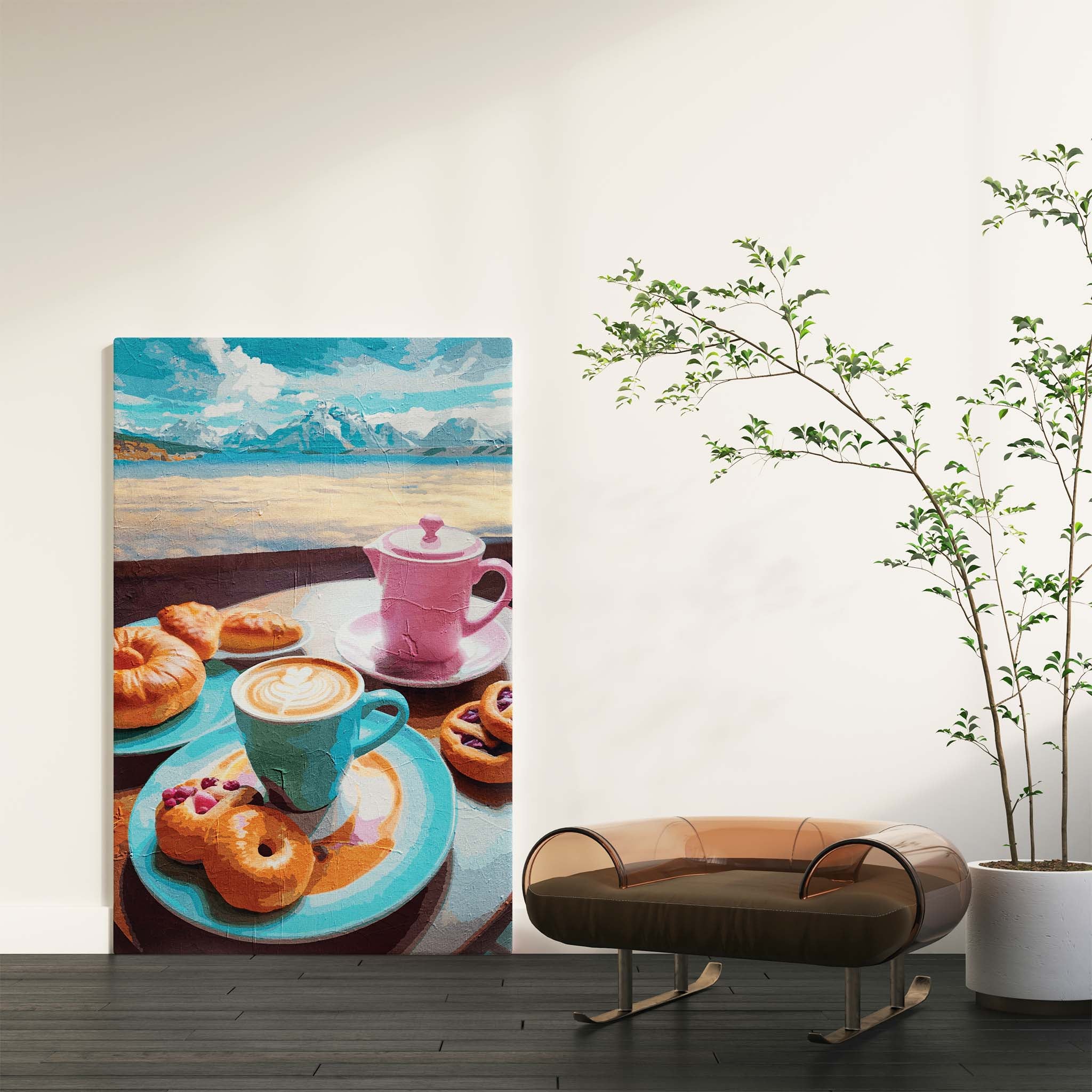 Printable wall art of a charming breakfast scene with a blue coffee cup, pink teapot, assorted pastries, and donuts on colorful plates, set against a scenic backdrop of mountains and water, perfect for kitchen or café-inspired decor.