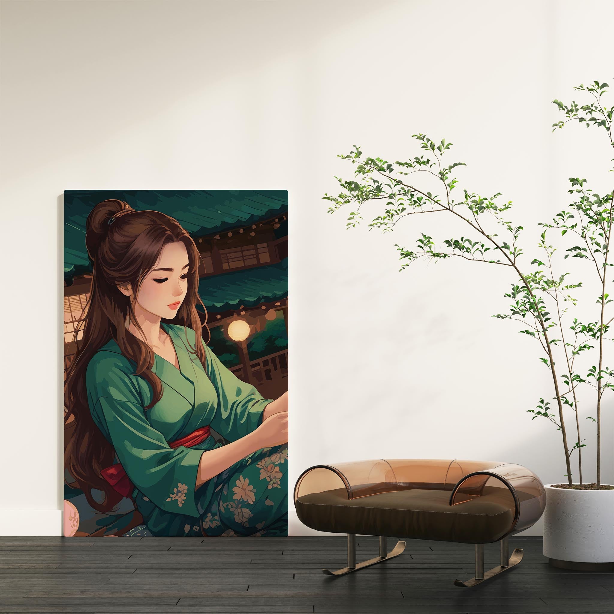 Elegant digital artwork of a woman in a green kimono under lantern lights, set in a serene traditional Japanese evening scene - printable wall art for cultural and aesthetic interiors