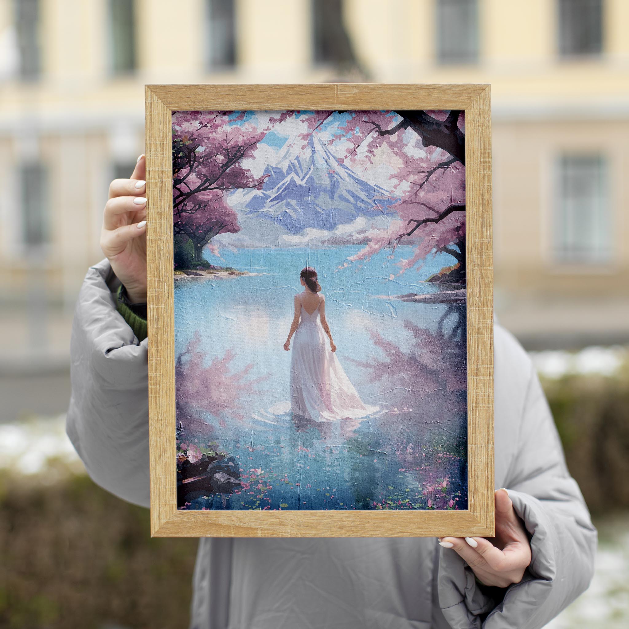 Dreamy landscape printable wall art of a woman in a flowing white gown standing in a serene lake, surrounded by cherry blossoms with a majestic snow-capped mountain in the background, ideal for tranquil, romantic, and nature-inspired interiors