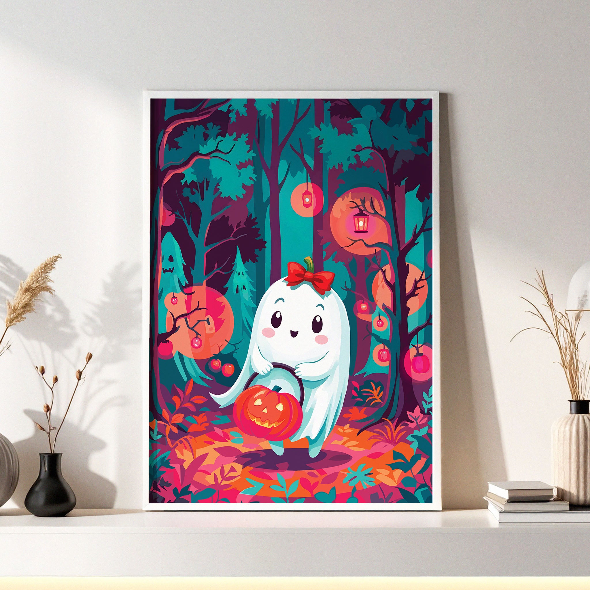 Maximalist Halloween forest scene with a sweet illustrated ghost trick-or-treater, shadowy ghost silhouettes in the teal tree line, hanging lanterns, glowing orange moon discs, and a richly coloured autumn woodland floor