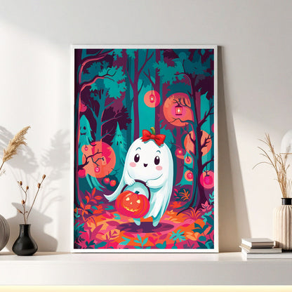 Maximalist Halloween forest scene with a sweet illustrated ghost trick-or-treater, shadowy ghost silhouettes in the teal tree line, hanging lanterns, glowing orange moon discs, and a richly coloured autumn woodland floor