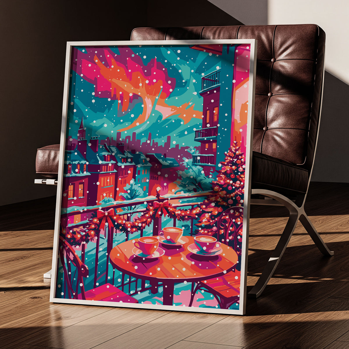 Festive balcony scene with string lights, a Christmas tree, and steaming coffee cups on a table overlooking snow-covered rooftops and city buildings.