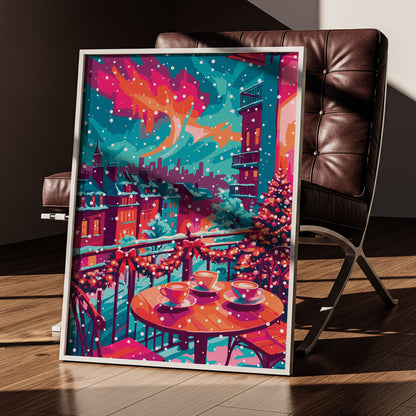 Festive balcony scene with string lights, a Christmas tree, and steaming coffee cups on a table overlooking snow-covered rooftops and city buildings.