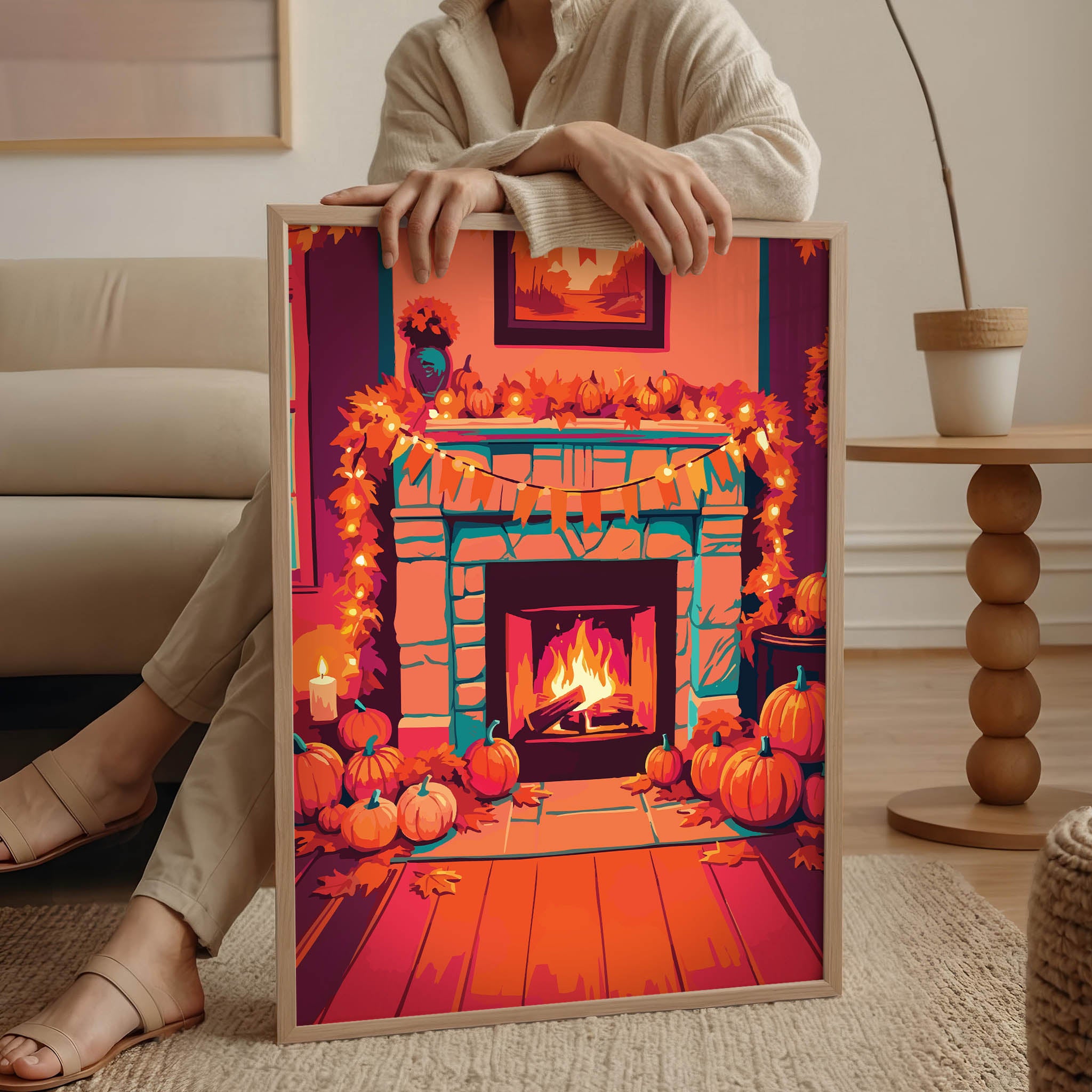 Dopamine-style seasonal print - a teal stone hearth blazing with fire, draped in fall foliage and string lights, surrounded by pumpkins in a richly coloured autumn interior scene