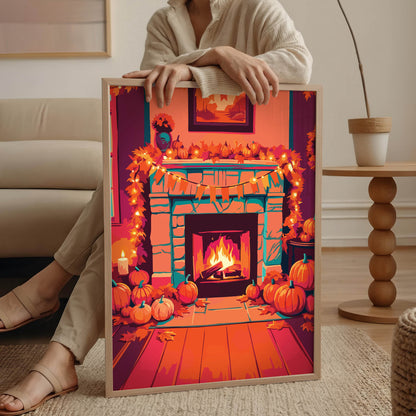 Dopamine-style seasonal print - a teal stone hearth blazing with fire, draped in fall foliage and string lights, surrounded by pumpkins in a richly coloured autumn interior scene