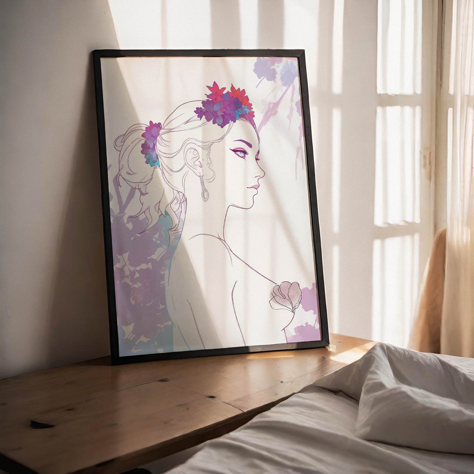 Minimalist feminine line art of a woman in profile adorned with vibrant floral crown and soft watercolor accents - elegant printable wall art ideal for boho, chic, or modern decor themes."