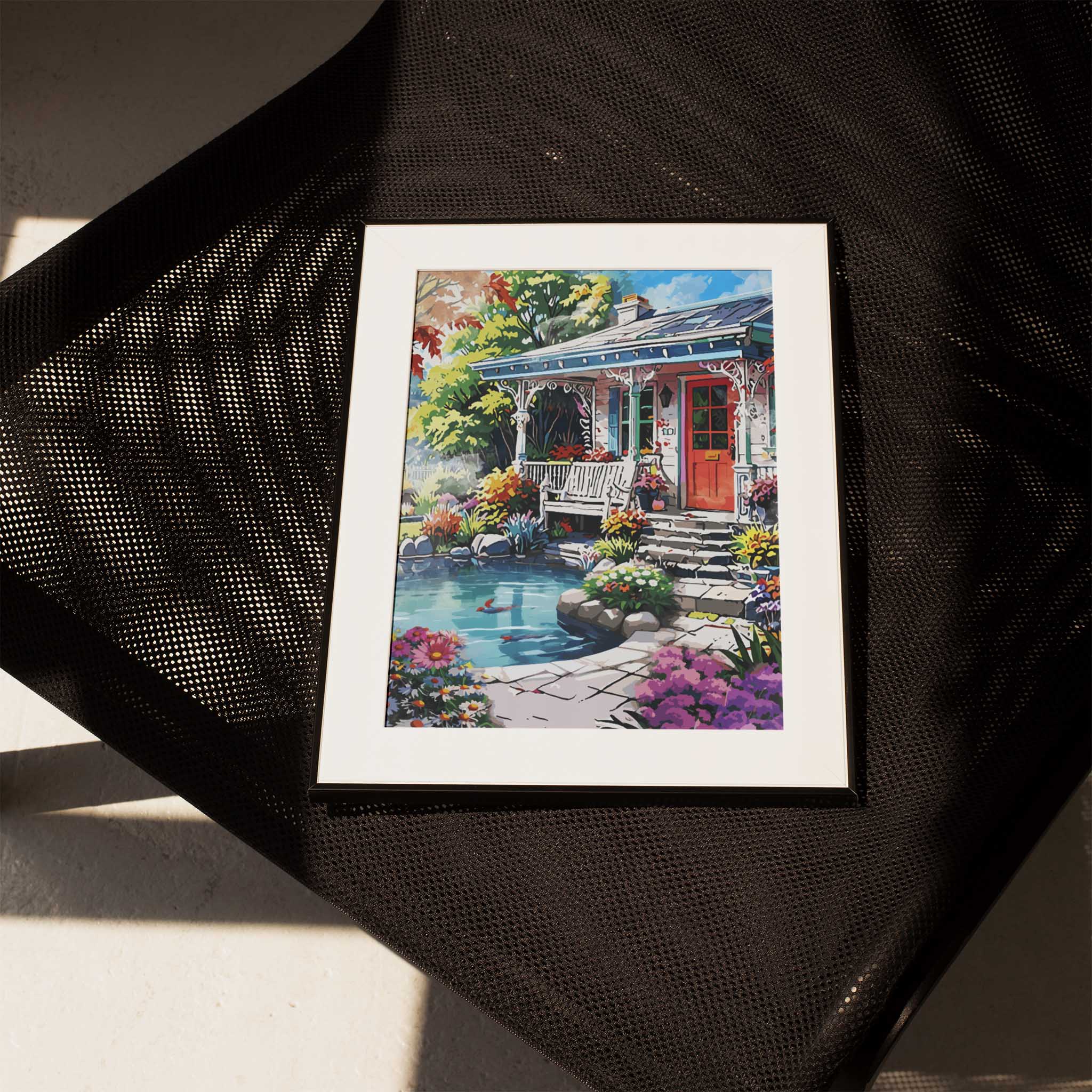 Charming garden cottage printable wall art featuring a cozy porch with a red door, white bench, and ornate trim, surrounded by blooming flowers and a koi pond under a bright blue sky - perfect for spring, floral, or cottagecore-inspired home decor