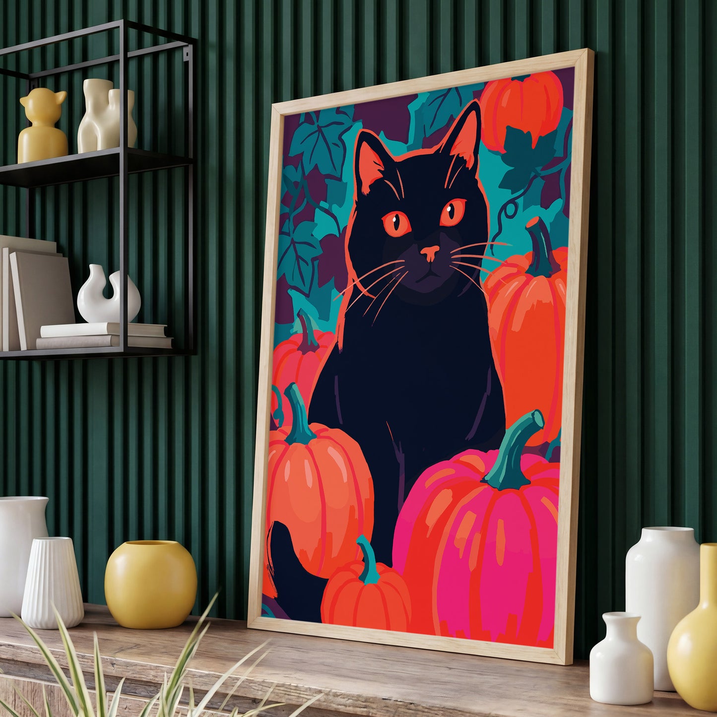 Dopamine-style black cat portrait - a painterly cat with intense orange eyes surrounded by harvest pumpkins in orange and magenta, framed by large teal botanical vine leaves on a rich jewel-toned backdrop