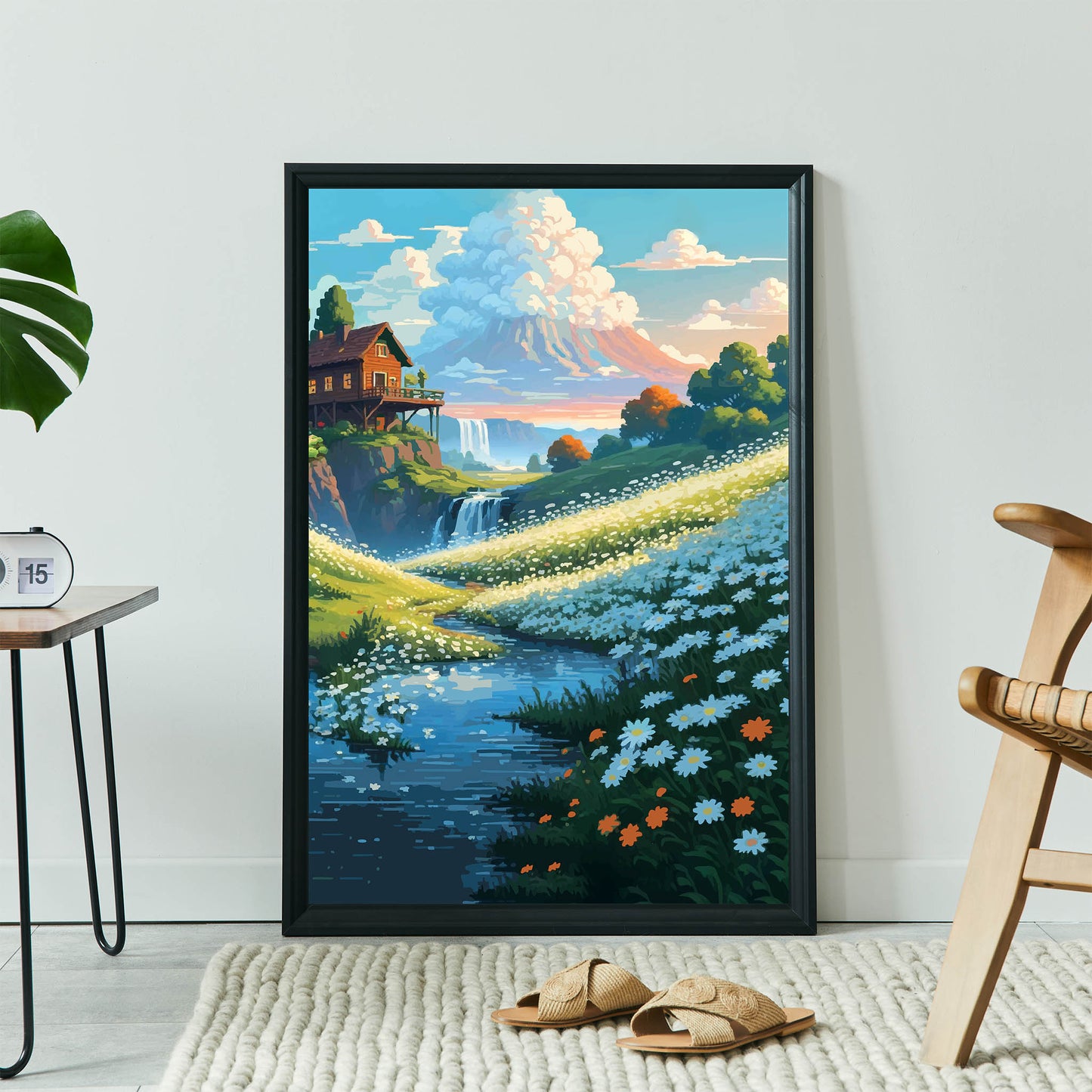 Printable wall art of a serene mountain landscape with a cozy wooden cabin, wildflower meadow, flowing river, and distant waterfall under a colorful sky, perfect for nature-inspired home decor