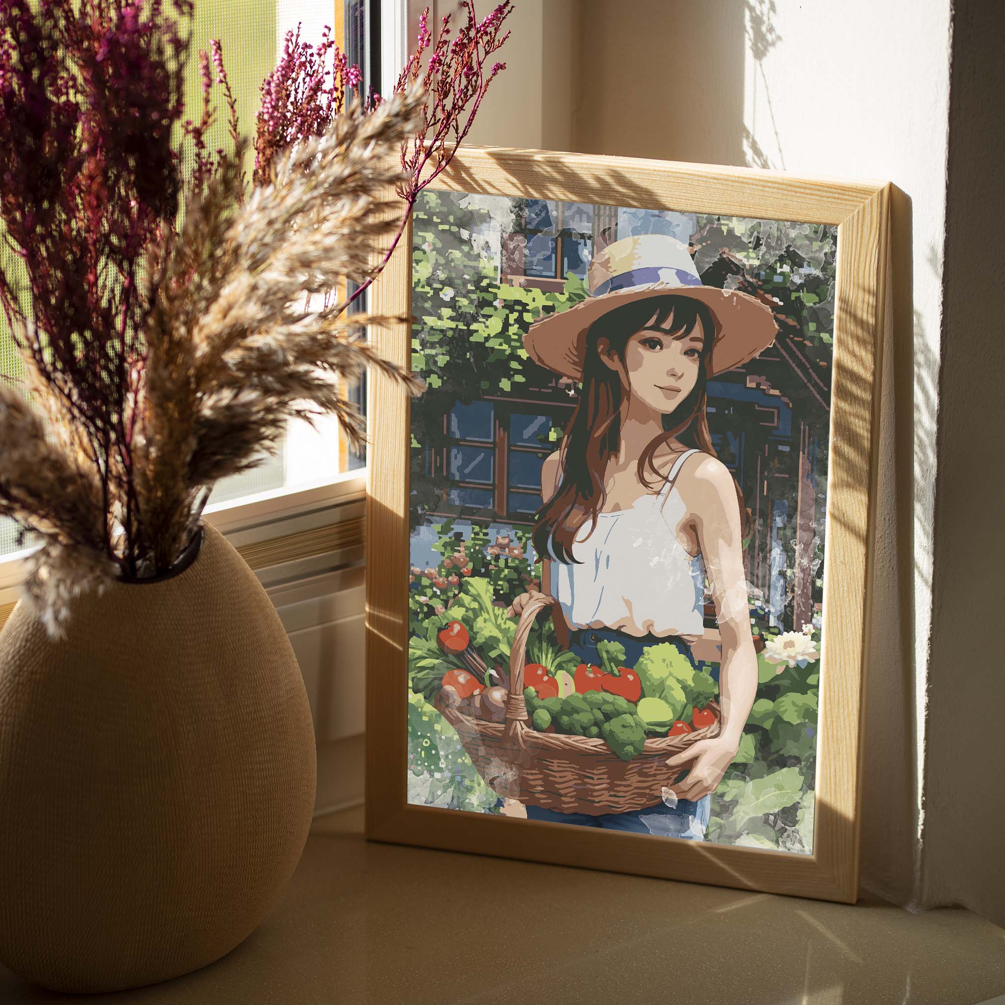 Charming digital artwork of a young woman holding a basket of fresh vegetables in a garden, wearing a straw hat and summer outfit - rustic farmhouse-style printable wall art for kitchen or home decor