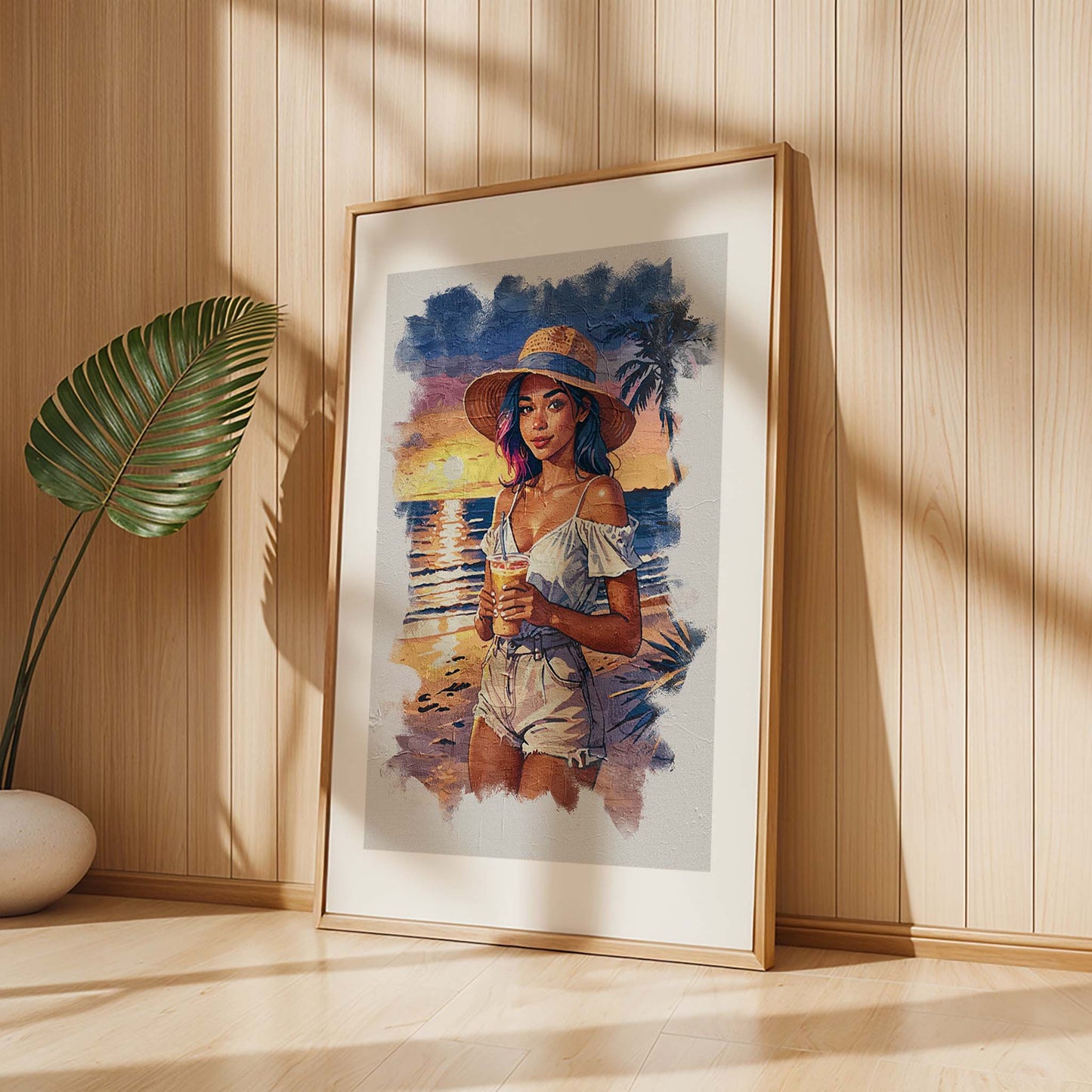 Vibrant beach scene illustration of a young woman with rainbow-tinted hair wearing a straw hat, white off-shoulder top, and denim shorts, holding a tropical drink. The sunset glows behind her with warm orange and purple tones reflecting on the ocean waves, creating a relaxed and summery atmosphere.