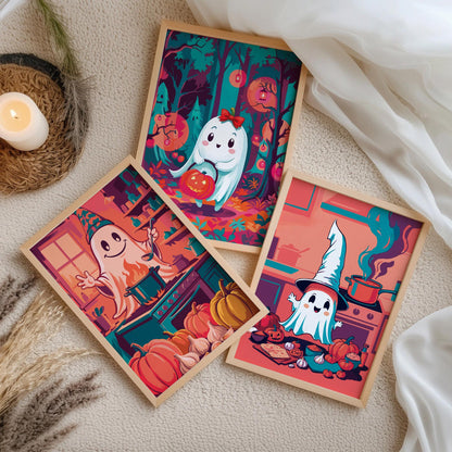 Three cute ghost Halloween prints in white frames - a smiley ghost with a ladle, a blushing bow ghost carrying a jack-o-lantern through a glowing teal forest, and a cheerful witch hat ghost surrounded by pumpkins and garlic