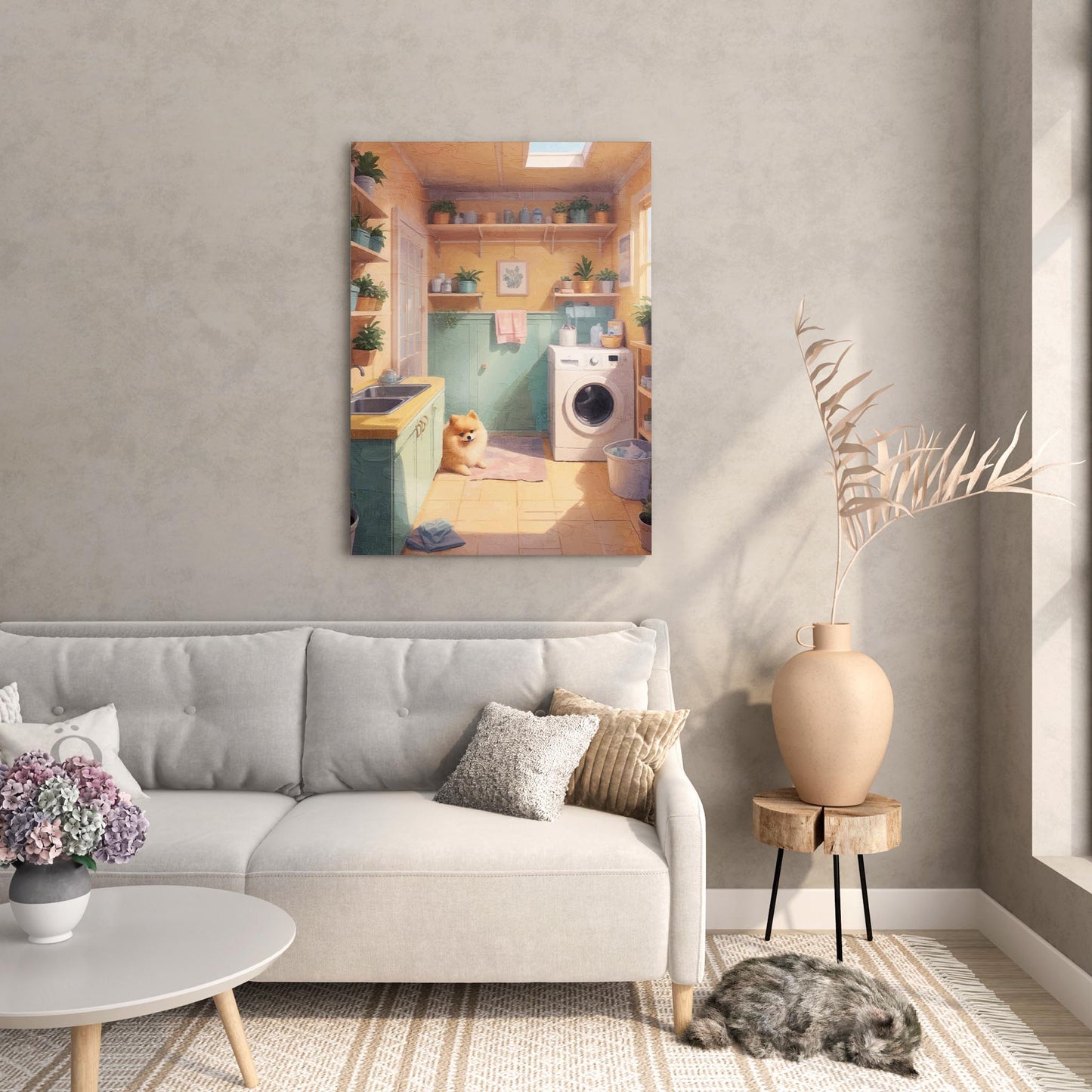 Cozy laundry room scene bathed in warm sunlight, featuring a fluffy Pomeranian sitting on a pink rug near a washing machine. The room has mint-green cabinets, yellow walls, potted plants on shelves, and a skylight that fills the space with a soft, inviting glow.
