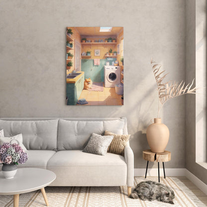 Cozy laundry room scene bathed in warm sunlight, featuring a fluffy Pomeranian sitting on a pink rug near a washing machine. The room has mint-green cabinets, yellow walls, potted plants on shelves, and a skylight that fills the space with a soft, inviting glow.
