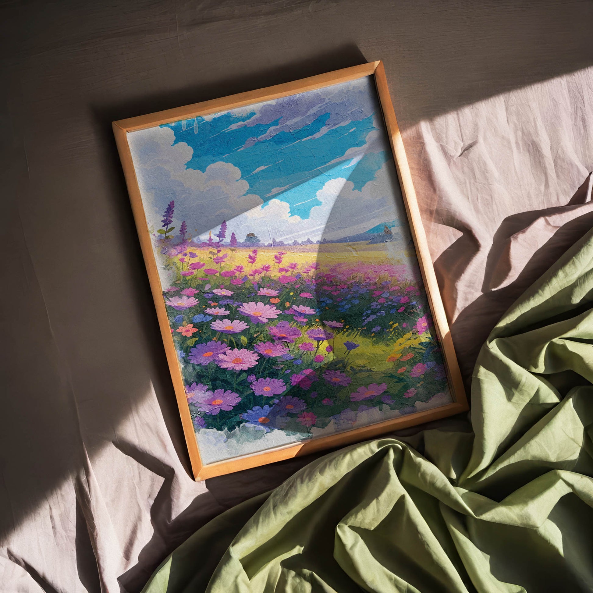 Vibrant printable wall art of a dreamy wildflower field in full bloom, featuring purple, pink, and blue blossoms under a bright blue sky with fluffy clouds, evoking warmth, joy, and a touch of whimsy