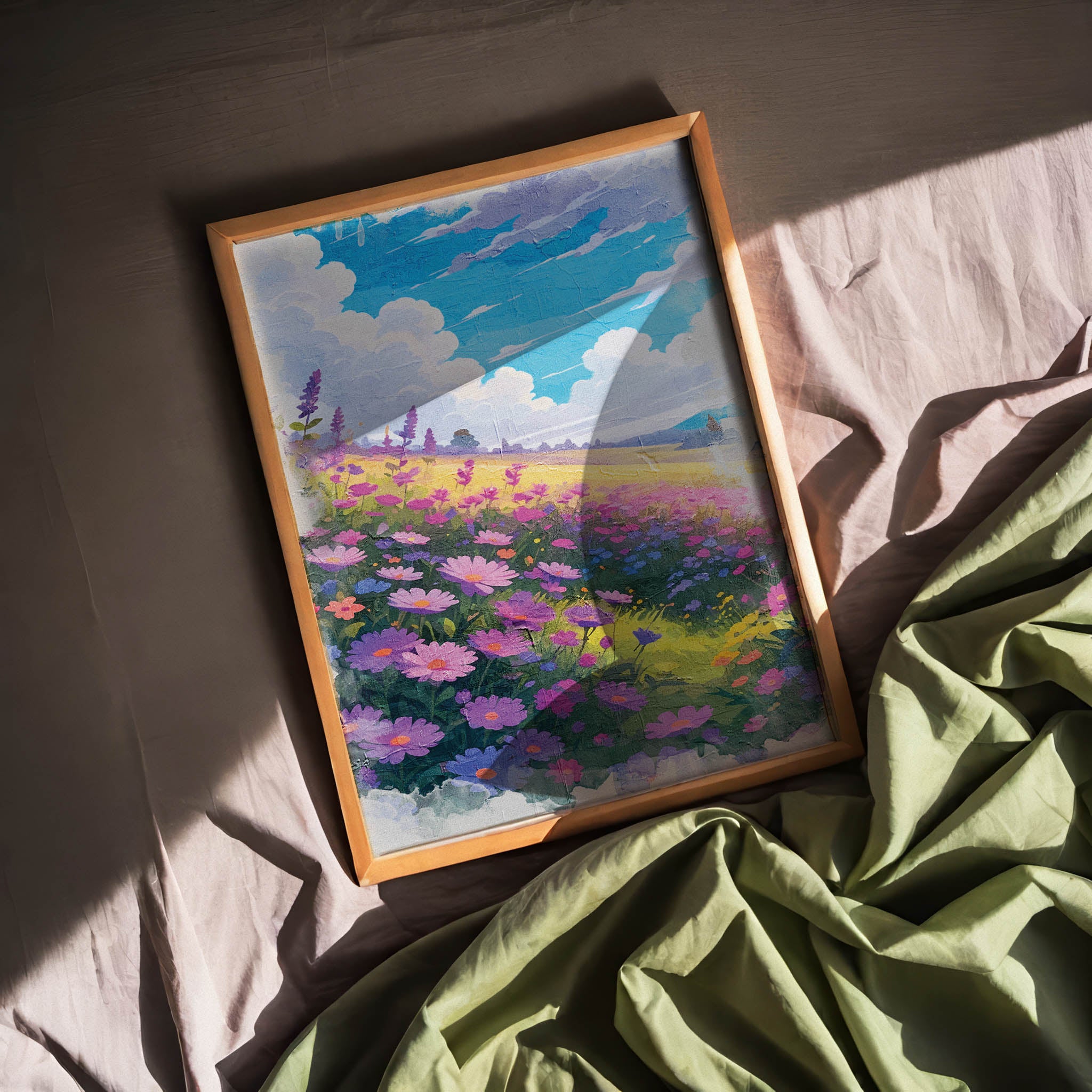 Vibrant printable wall art of a dreamy wildflower field in full bloom, featuring purple, pink, and blue blossoms under a bright blue sky with fluffy clouds, evoking warmth, joy, and a touch of whimsy