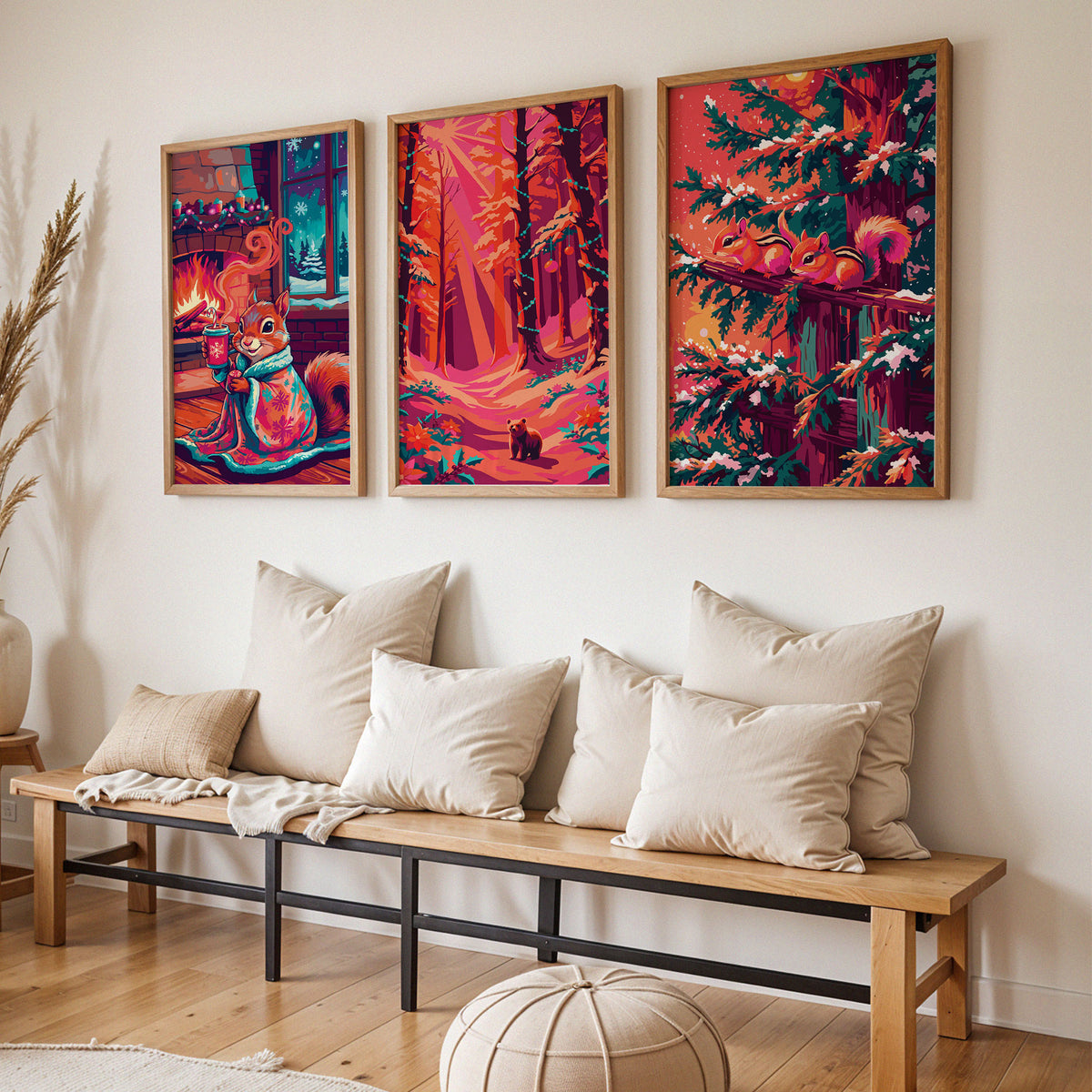 Three maximalist Christmas animal prints in white frames — an intimate cozy squirrel fireside scene, a sweeping magenta woodland with a bear cub, and a close-up of two striped chipmunks on a snow-covered railing in a rich teal and orange winter forest