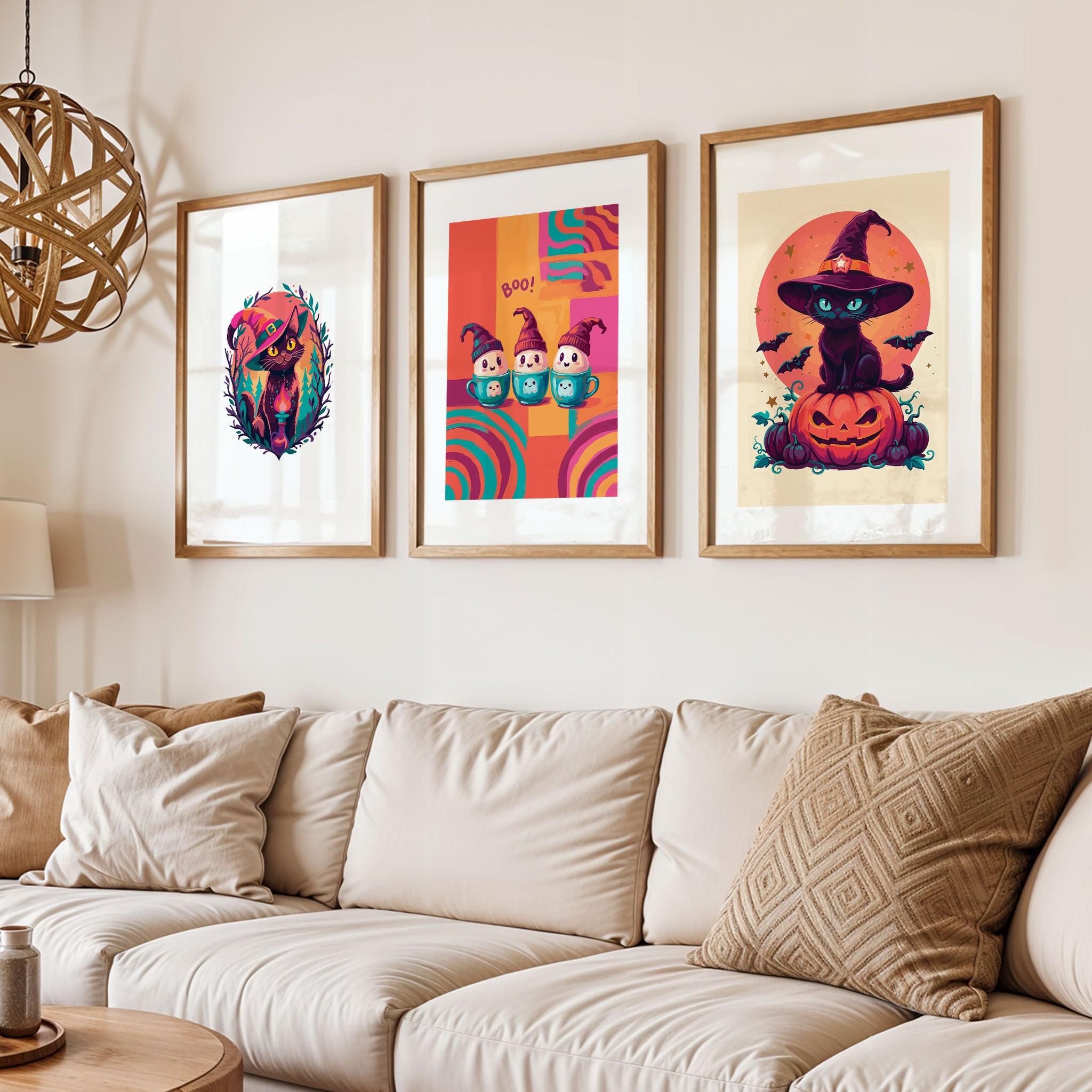 Styled shelf display of three bold Halloween character prints in white frames - a dark forest witch cat with candle flame, three smiling ghost figures in teal mugs on a retro colour-block background, and a cream-ground witch cat on a carved pumpkin