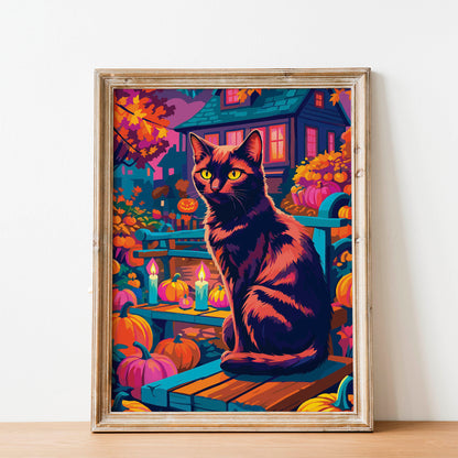 Maximalist Halloween outdoor scene featuring a confident dark cat on a teal slatted bench, surrounded by hot pink and orange pumpkins, teal dripping candles, a carved jack-o-lantern, and a teal Victorian house with warm lit windows in the background