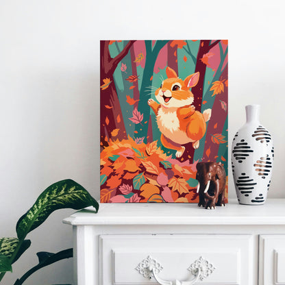 Close-up of a whimsical fall forest illustration - a fluffy orange and white rabbit with an open smile catches falling leaves among burgundy trees and a teal woodland backdrop