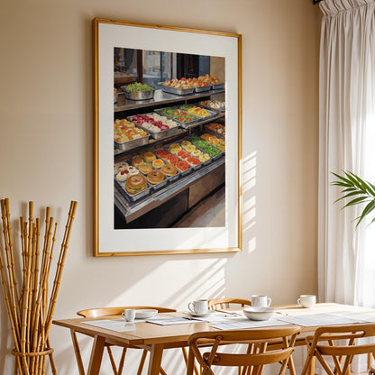 Colorful bakery counter with fresh bagels, pastries and salads, café kitchen printable wall art digital download