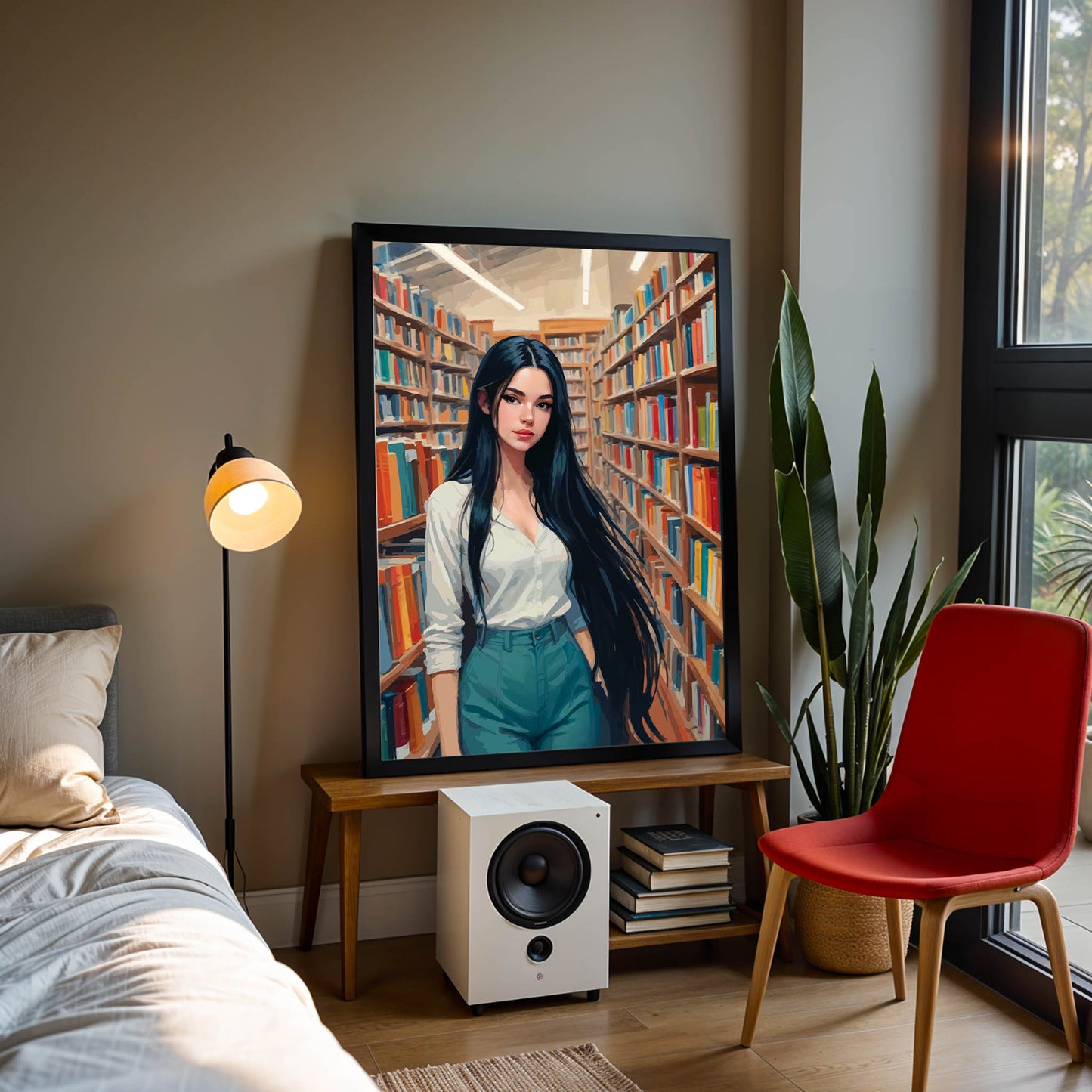 Feminine illustration featuring a woman with long black hair surrounded by colourful books in a library aisle
