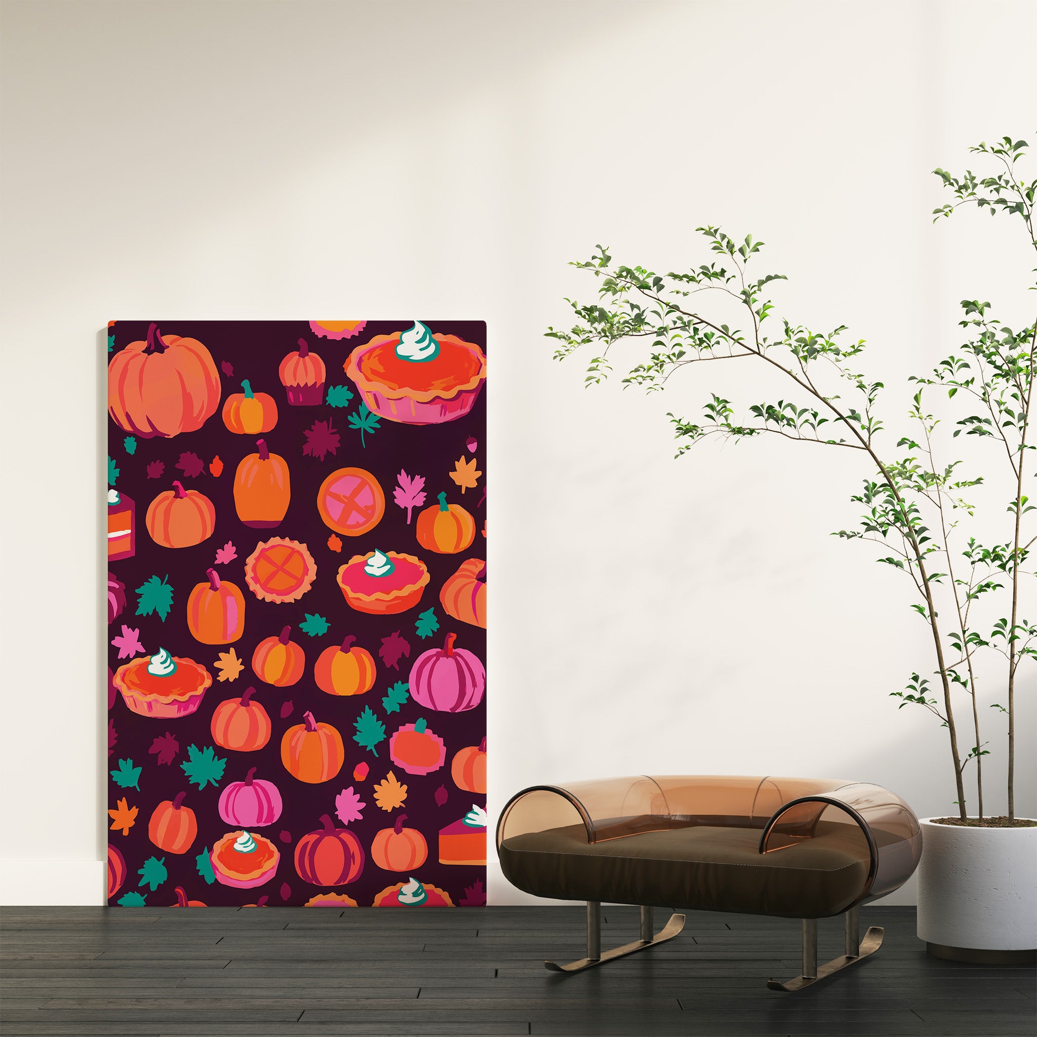 Bold illustrated fall pattern print on a deep plum background with scattered pumpkins in orange and hot pink, whole pumpkin pies with teal whipped cream, pie slices, and teal autumn leaves