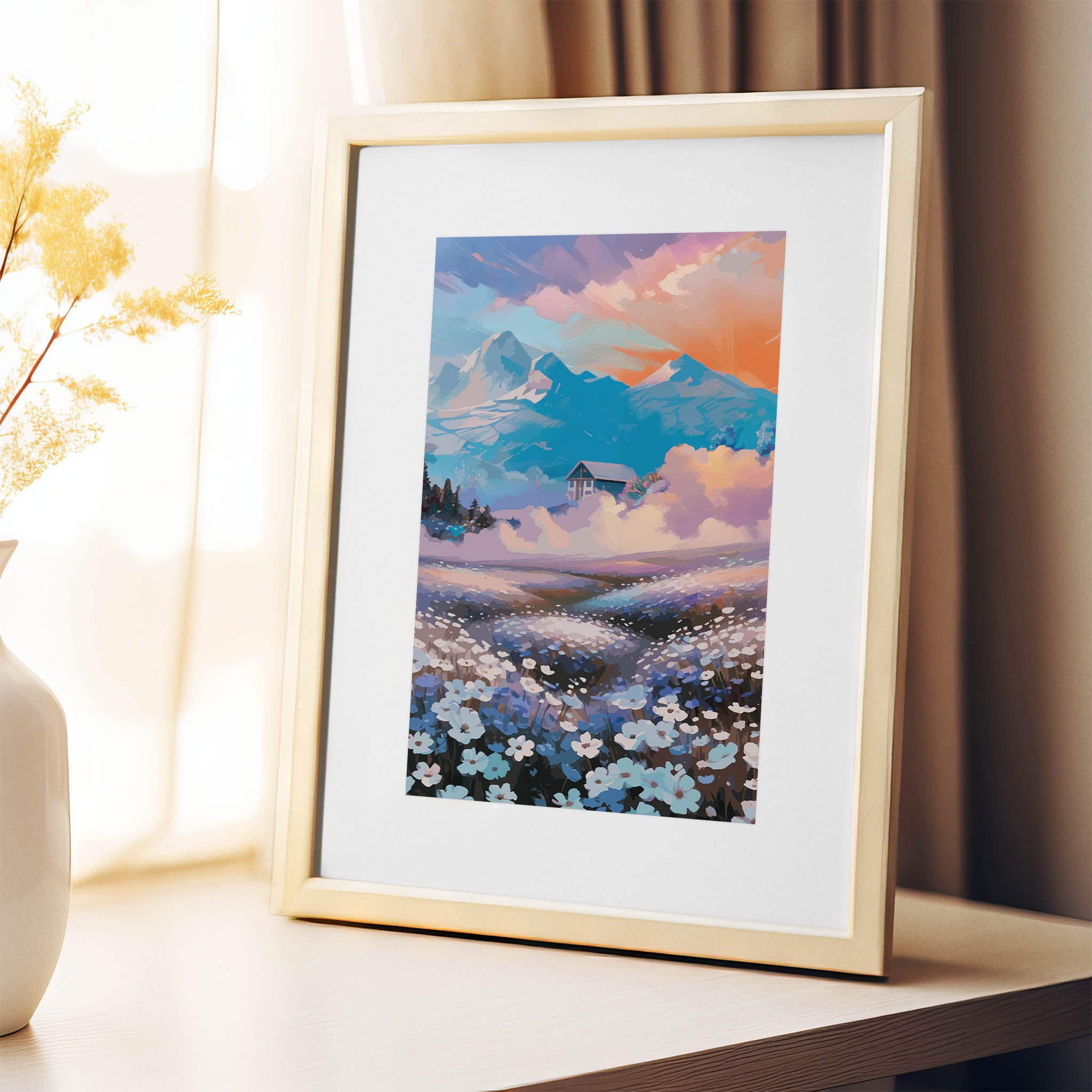 Dreamy landscape printable wall art featuring a field of soft blue and white wildflowers leading to a cottage nestled in the clouds, with majestic blue mountains and a glowing sunset sky in the background - perfect for fantasy, floral, or serene nature-inspired decor