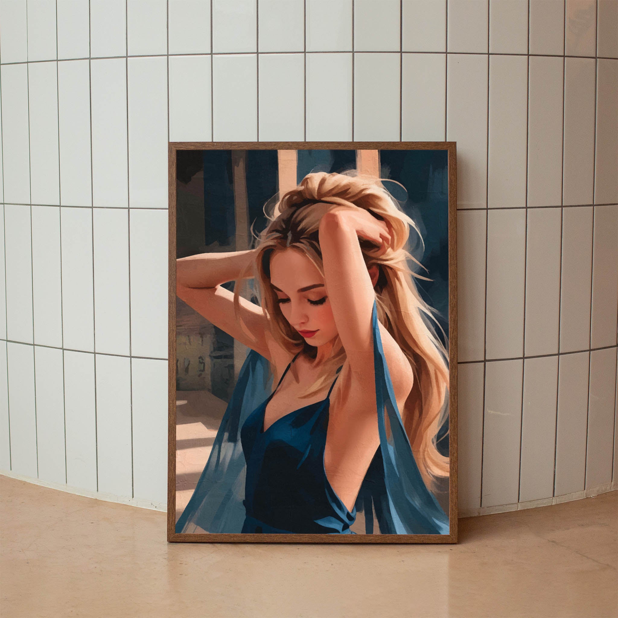 Elegant digital painting of a blonde woman in a flowing deep blue dress with hands in her hair, captured in warm sunlight, high-resolution printable wall art