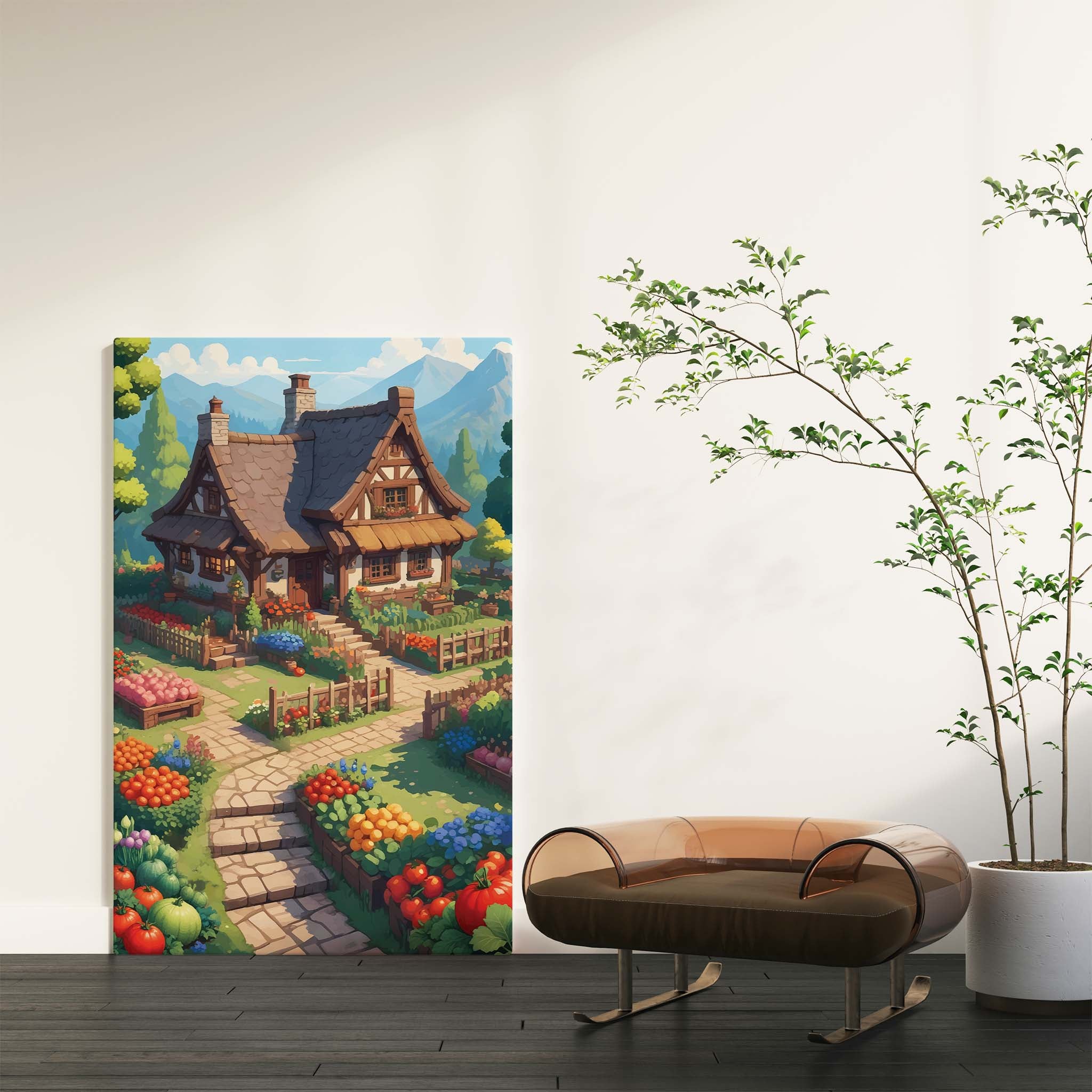 Charming cottagecore printable wall art featuring a fairytale-style house surrounded by a lush, colorful vegetable and flower garden, with stone paths, wooden fences, and mountain views in the background - perfect for cozy, homestead, or nature-inspired decor