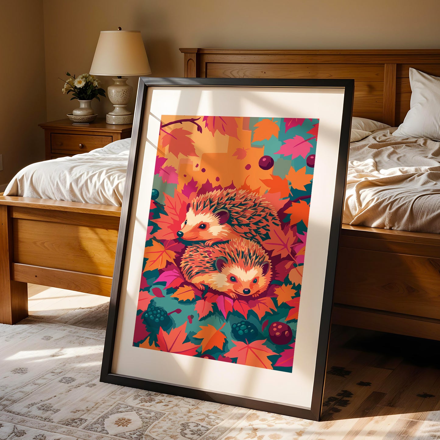 Bold illustrated autumn wall art with two hedgehogs nestled together in a bed of fall leaves, surrounded by orange and hot pink maple leaves, teal berry clusters, and deep plum fruits on a colour-blocked background