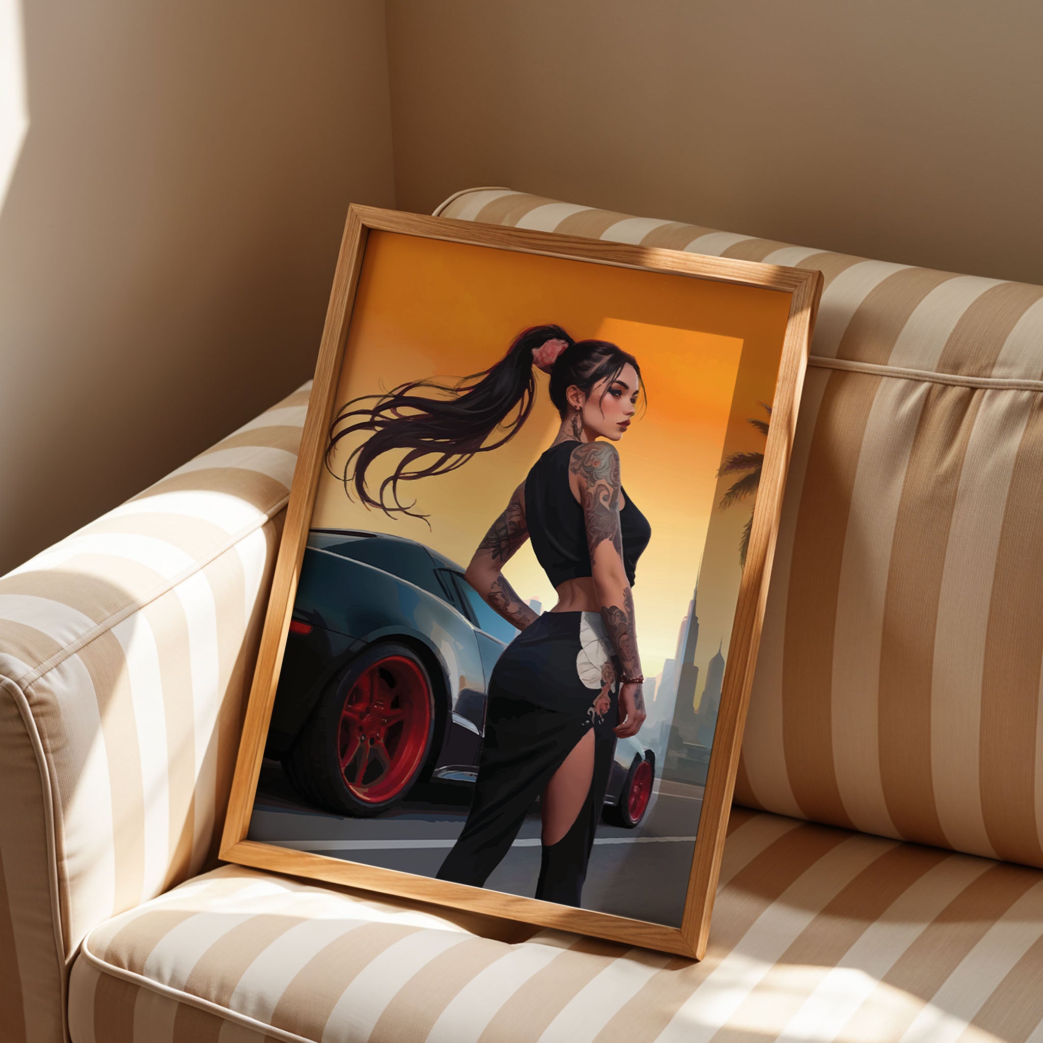 Modern tattooed woman beside luxury sports car with sunset skyline, urban aesthetic printable wall art digital download