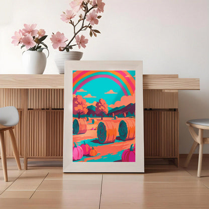 Vibrant harvest scene wall art with colour-blocked hay bales, magenta and orange pumpkins in the foreground, layered teal mountains, and a wide rainbow arch over a warm autumn landscape