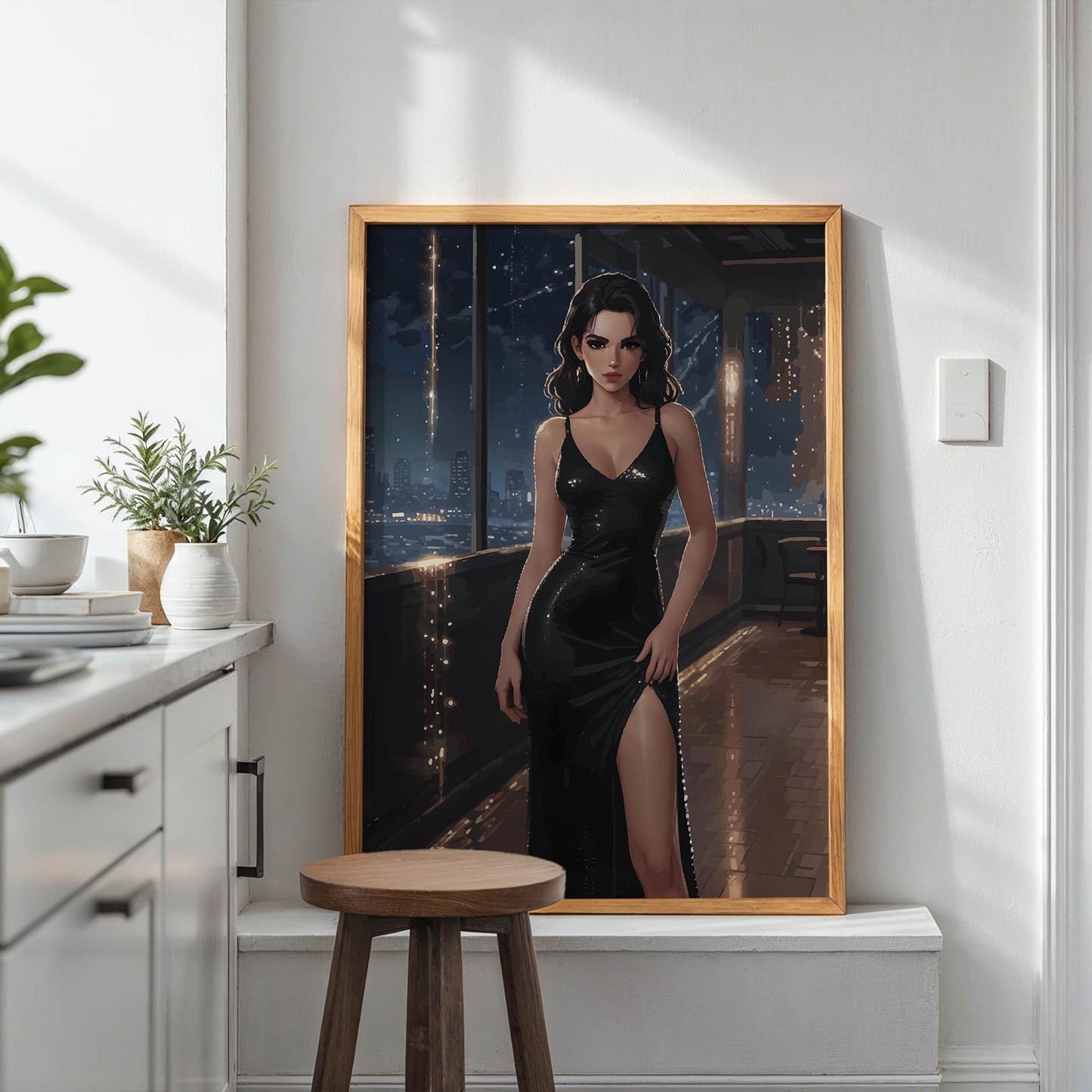Glamorous city-inspired portrait of a woman in a formal dress set in a stylish rooftop atmosphere