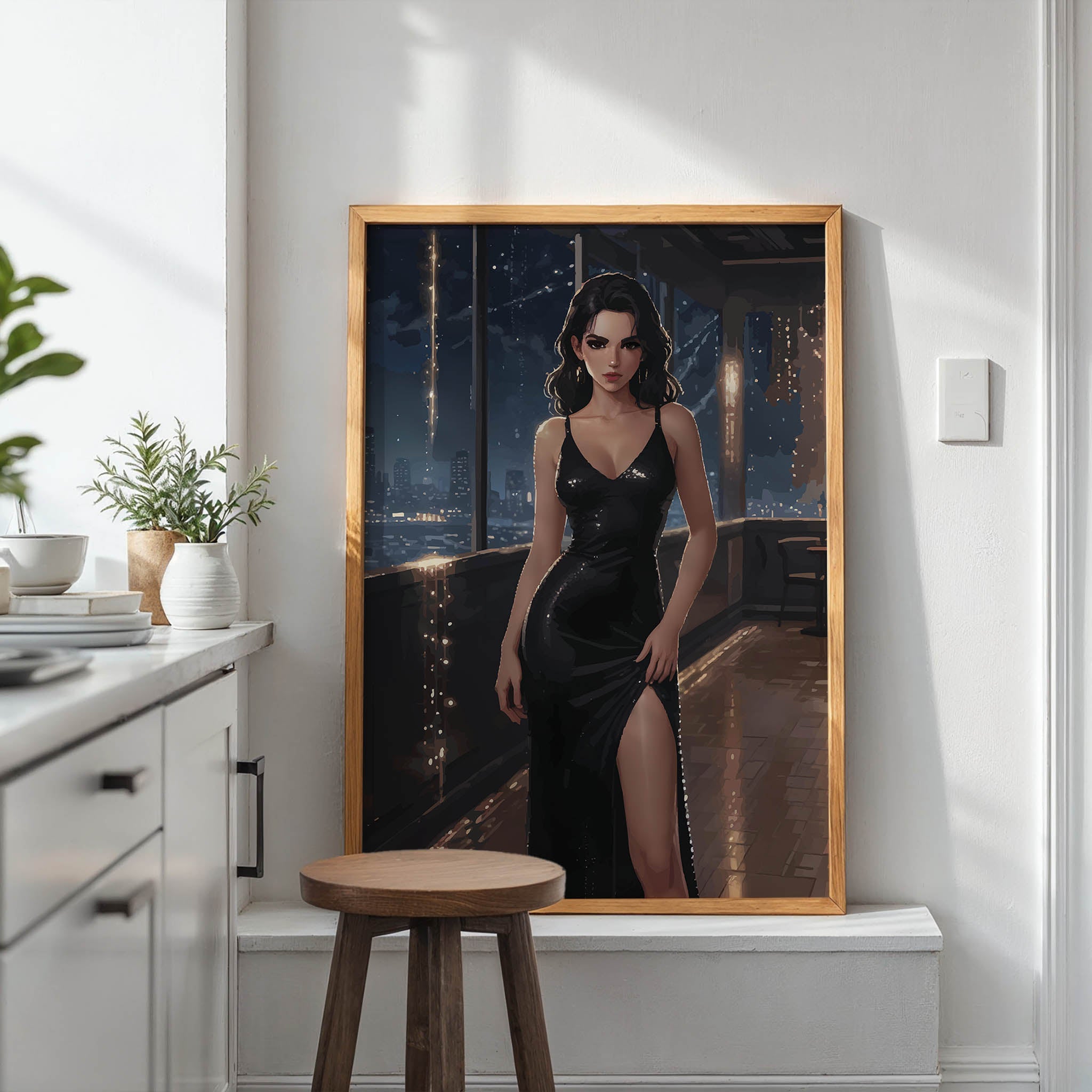 Glamorous city-inspired portrait of a woman in a formal dress set in a stylish rooftop atmosphere