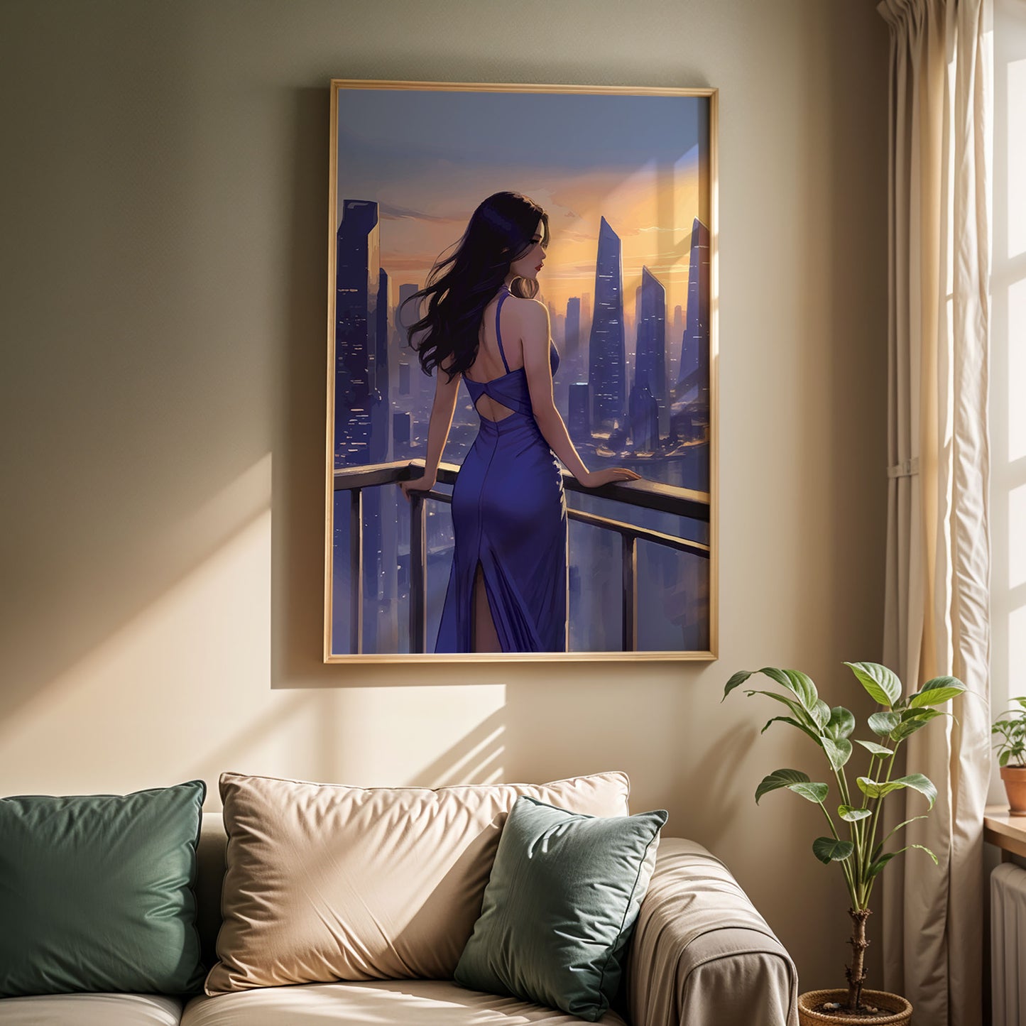 Romantic sunset cityscape with elegant female silhouette, contemporary urban printable wall art, stylish modern home decor digital print