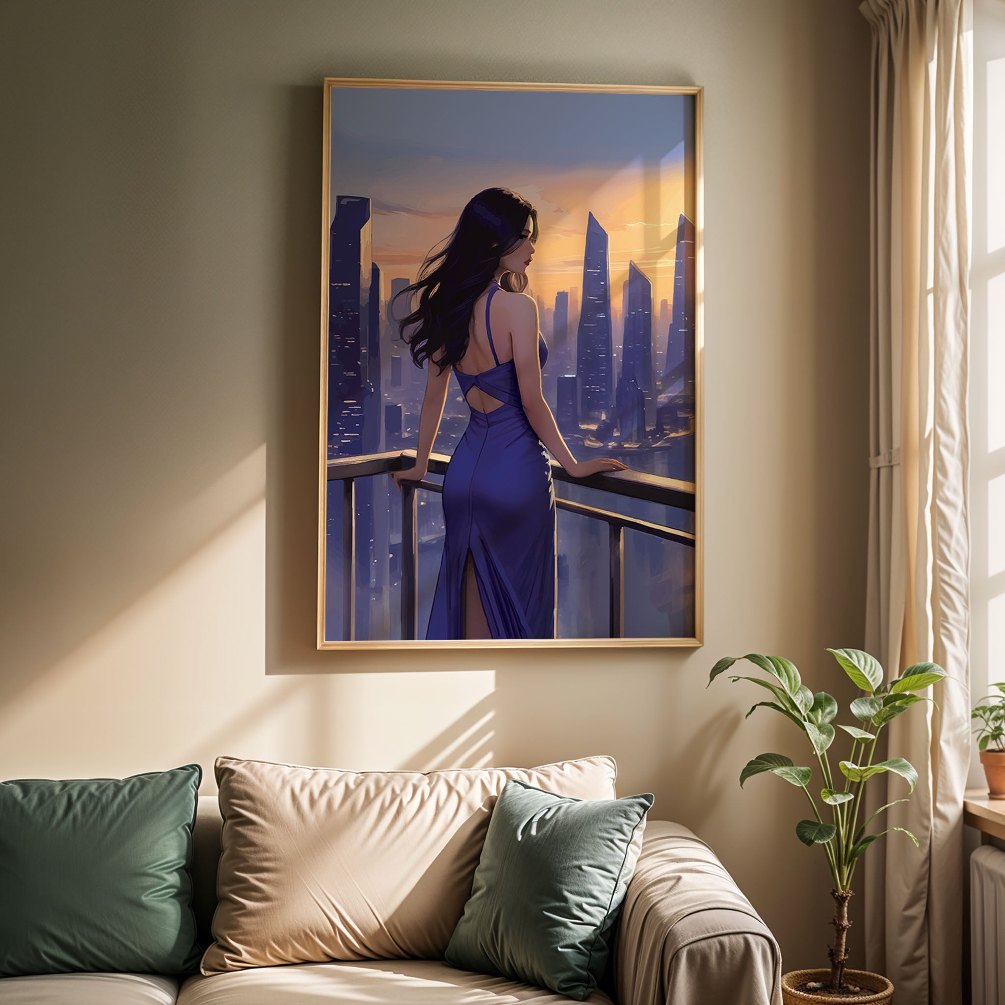 Romantic sunset cityscape with elegant female silhouette, contemporary urban printable wall art, stylish modern home decor digital print