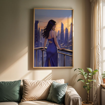 Romantic sunset cityscape with elegant female silhouette, contemporary urban printable wall art, stylish modern home decor digital print