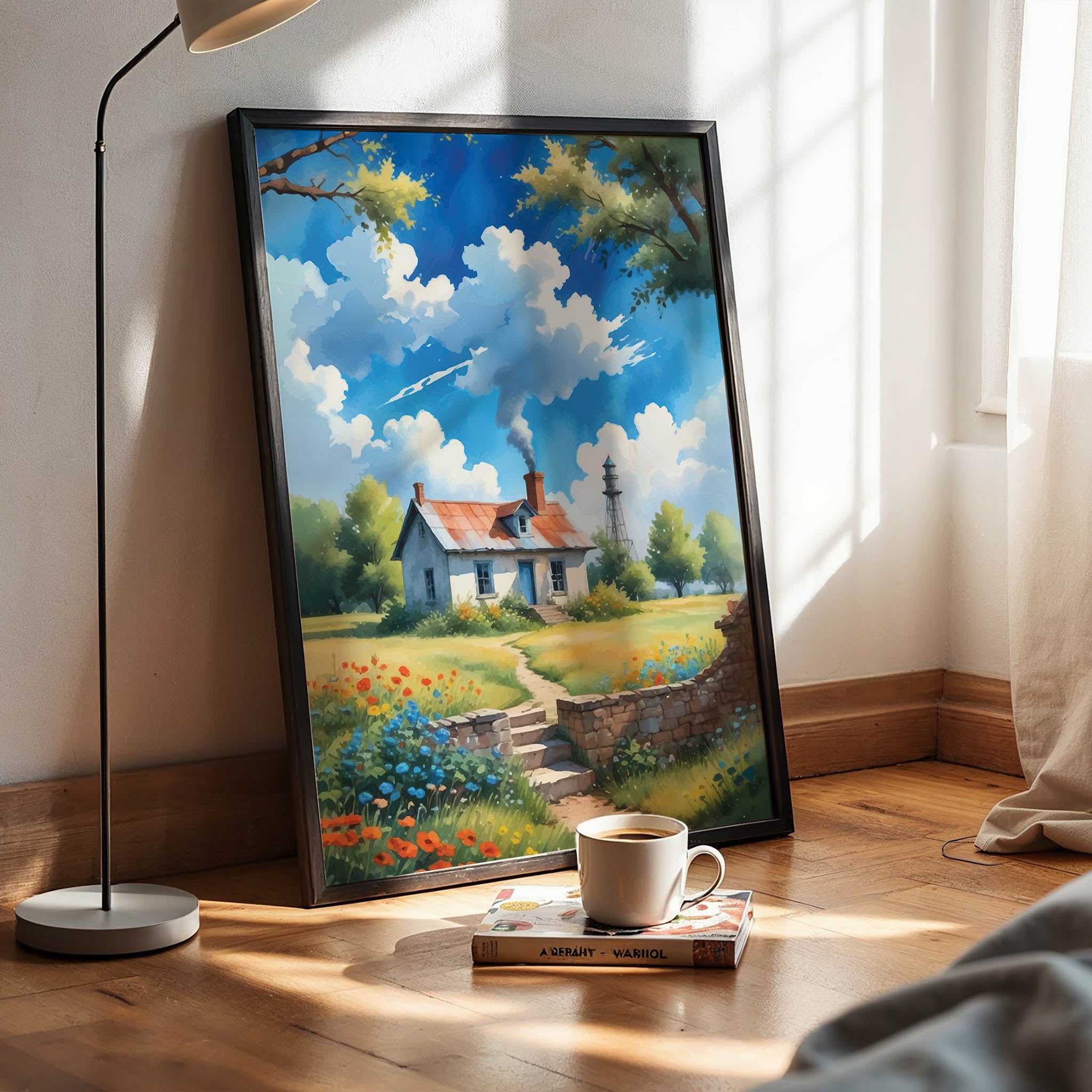 Charming countryside illustration of a cozy white cottage with a red roof surrounded by wildflowers and green fields, a winding stone path leading to the door, and soft clouds drifting across a bright blue sky. Peaceful rural wall art with a warm, nostalgic cottagecore atmosphere. Printable Wall Art. Digital Download.