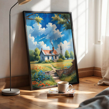 Charming countryside illustration of a cozy white cottage with a red roof surrounded by wildflowers and green fields, a winding stone path leading to the door, and soft clouds drifting across a bright blue sky. Peaceful rural wall art with a warm, nostalgic cottagecore atmosphere. Printable Wall Art. Digital Download.