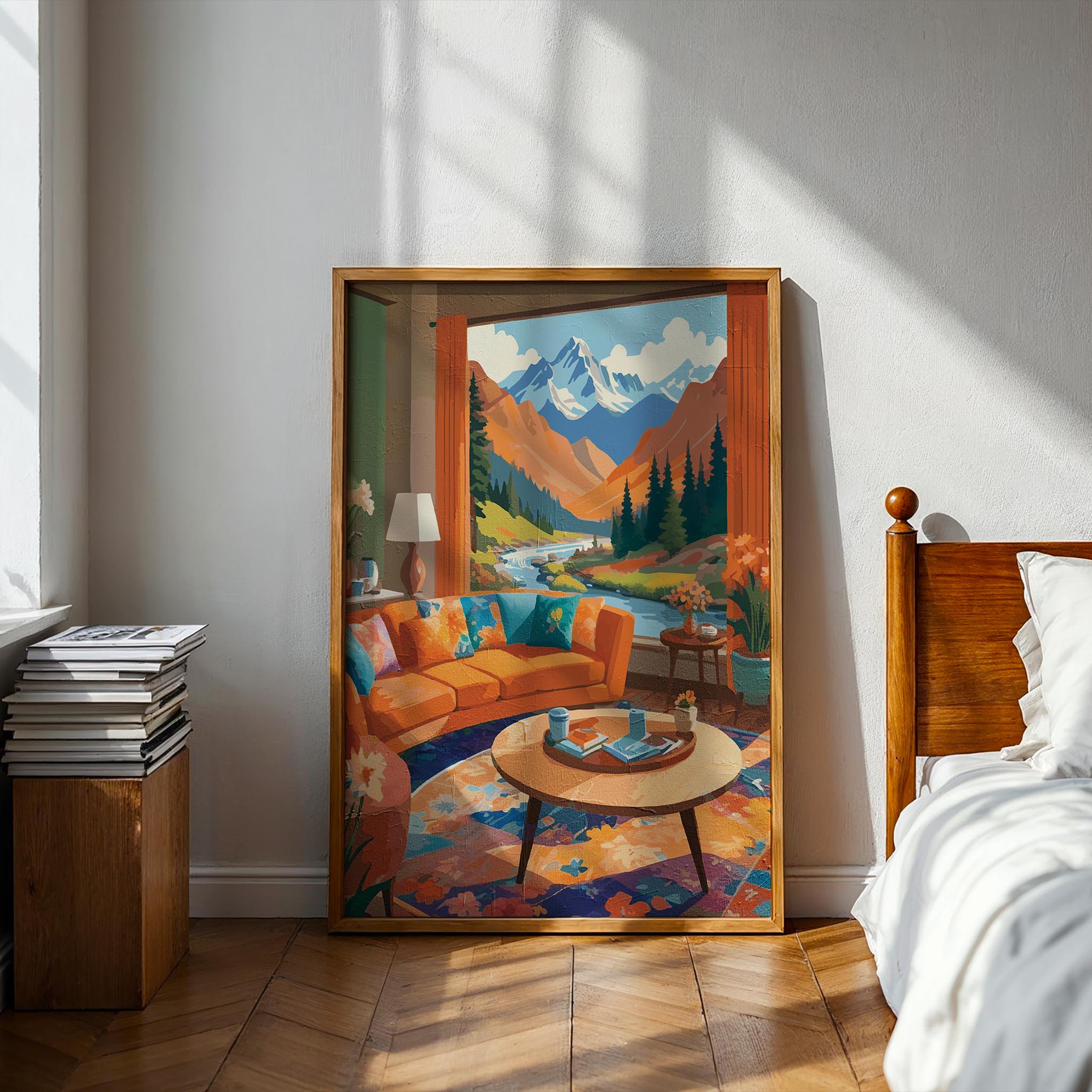 Warm cabin-inspired living room illustration with bright cushions, coffee table and scenic mountain backdrop