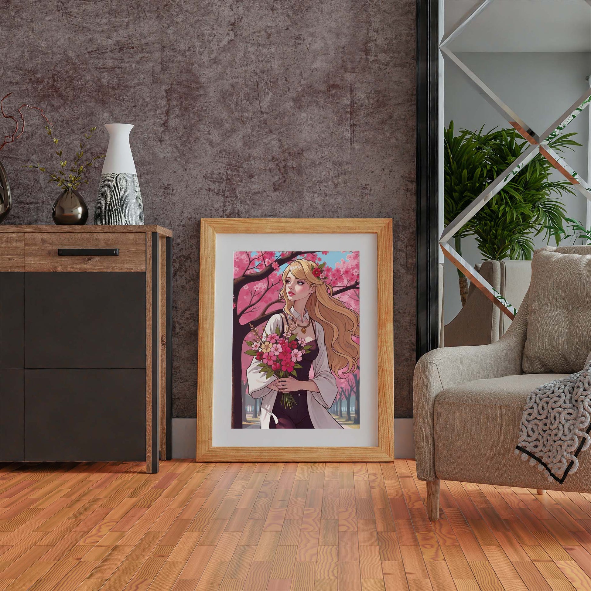 Printable wall art of a graceful woman with long blonde hair holding a bouquet of vibrant pink flowers, standing under blooming cherry blossom trees on a sunny day, perfect for romantic and nature-inspired home decor