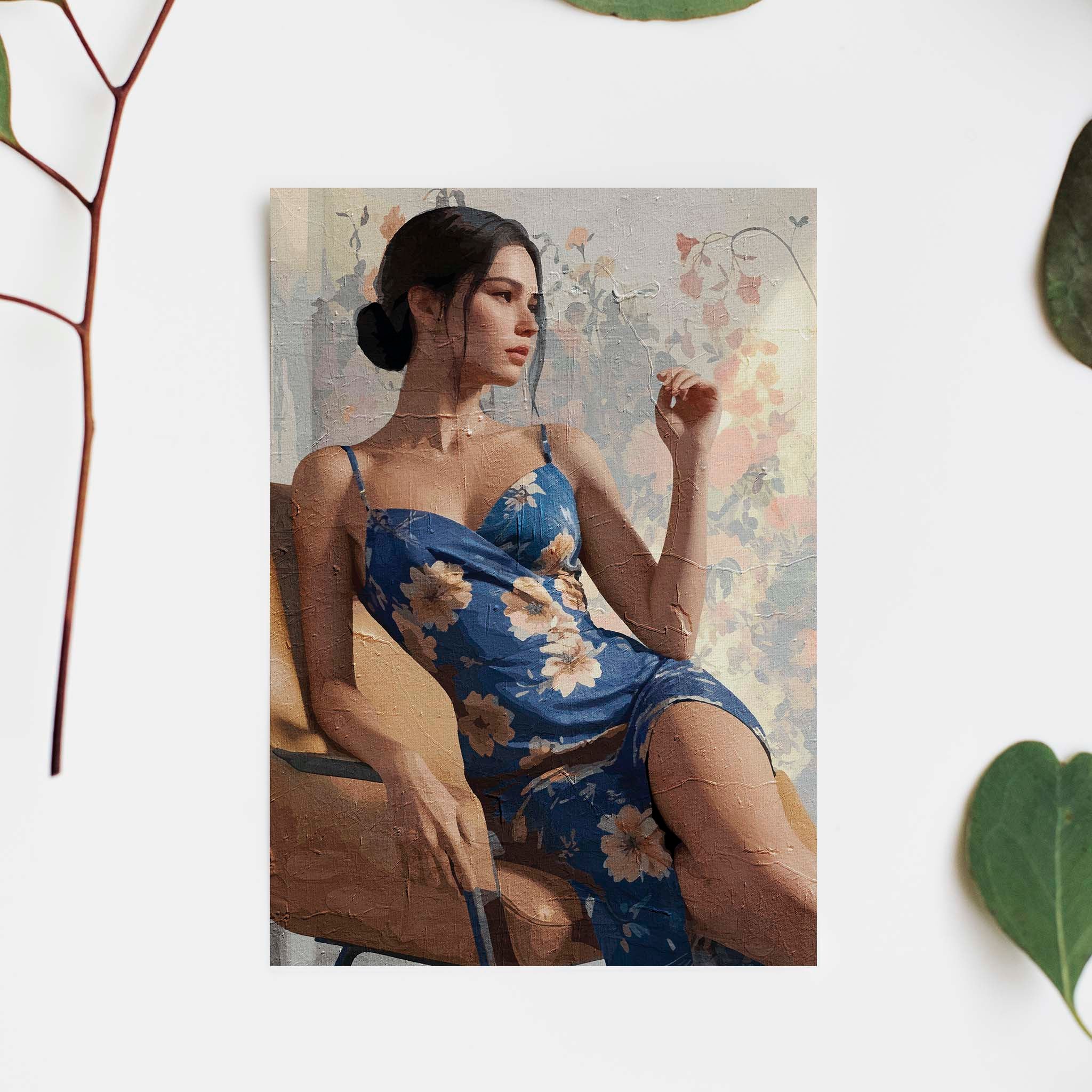Elegant printable wall art featuring a stylish woman in a floral blue dress, seated gracefully on a chair against a soft, vintage-inspired floral backdrop, evoking sophistication and quiet confidence.